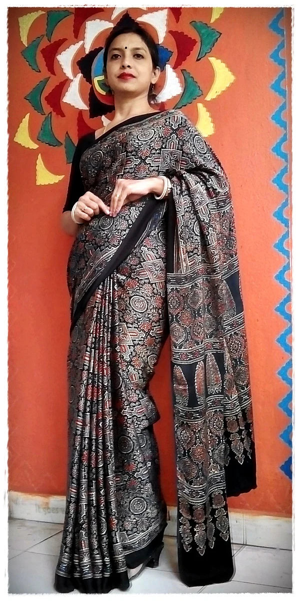 Aabhooshan - Premium Modal Silk Ajrakh Hand Block Print Designer Saree