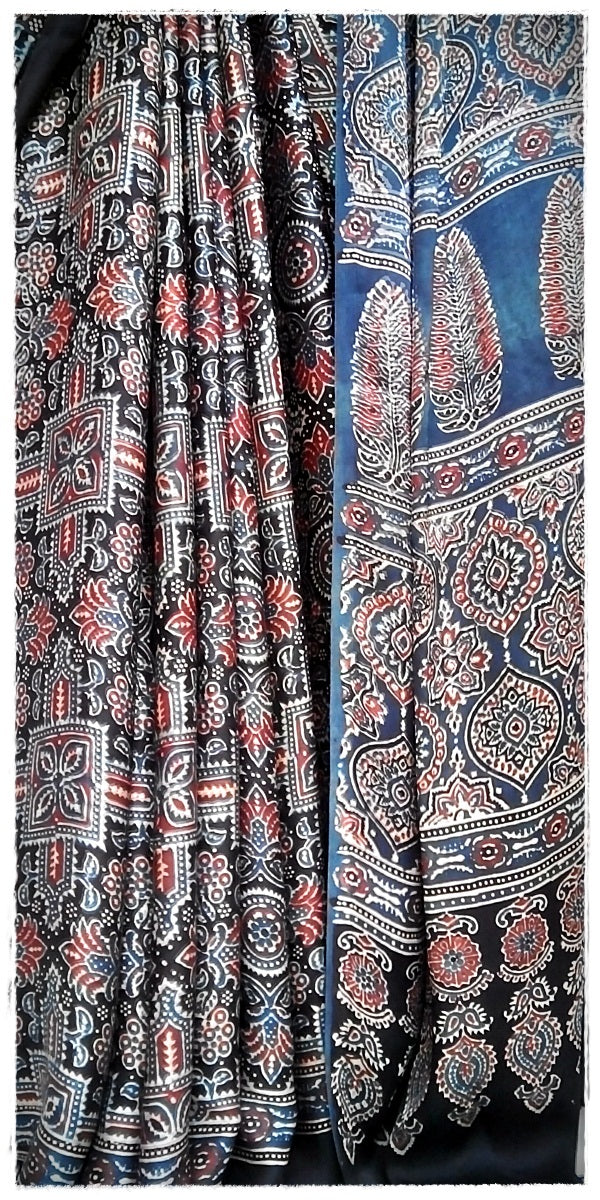 Aabhooshan - Premium Modal Silk Ajrakh Hand Block Print Designer Saree