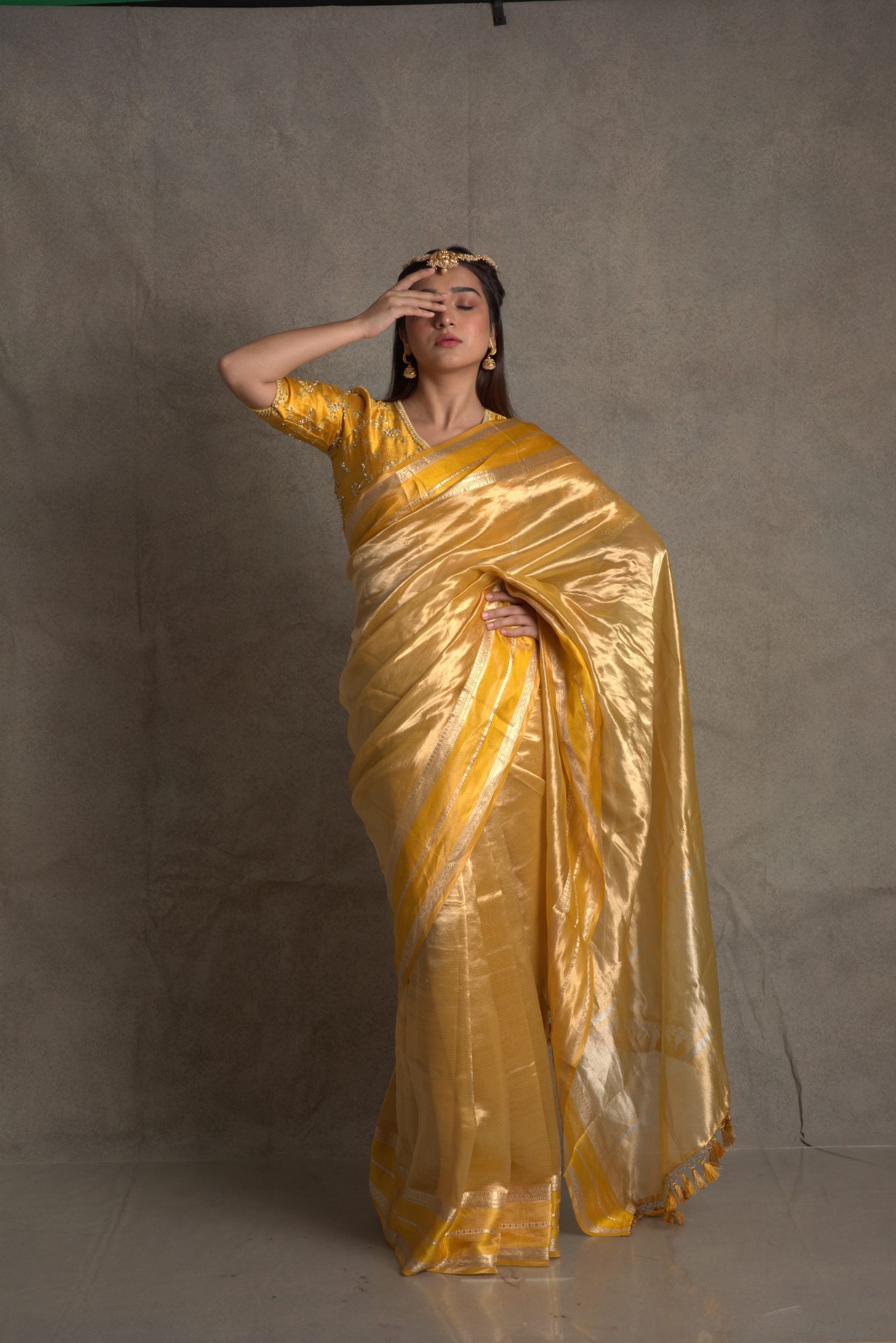 Aurum Amber Golden Yellow Tissue Banarasi Saree with Katan Borders