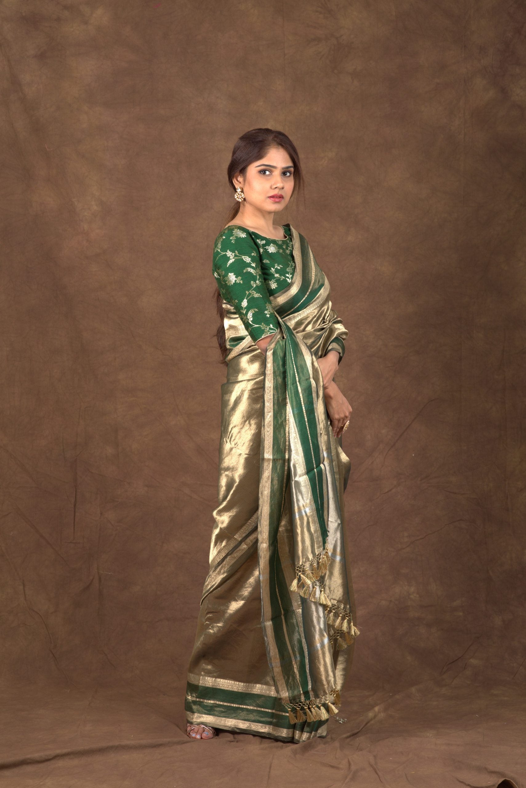 Aurum Emerald Copper Gold Tissue Banarasi Saree with Katan Borders