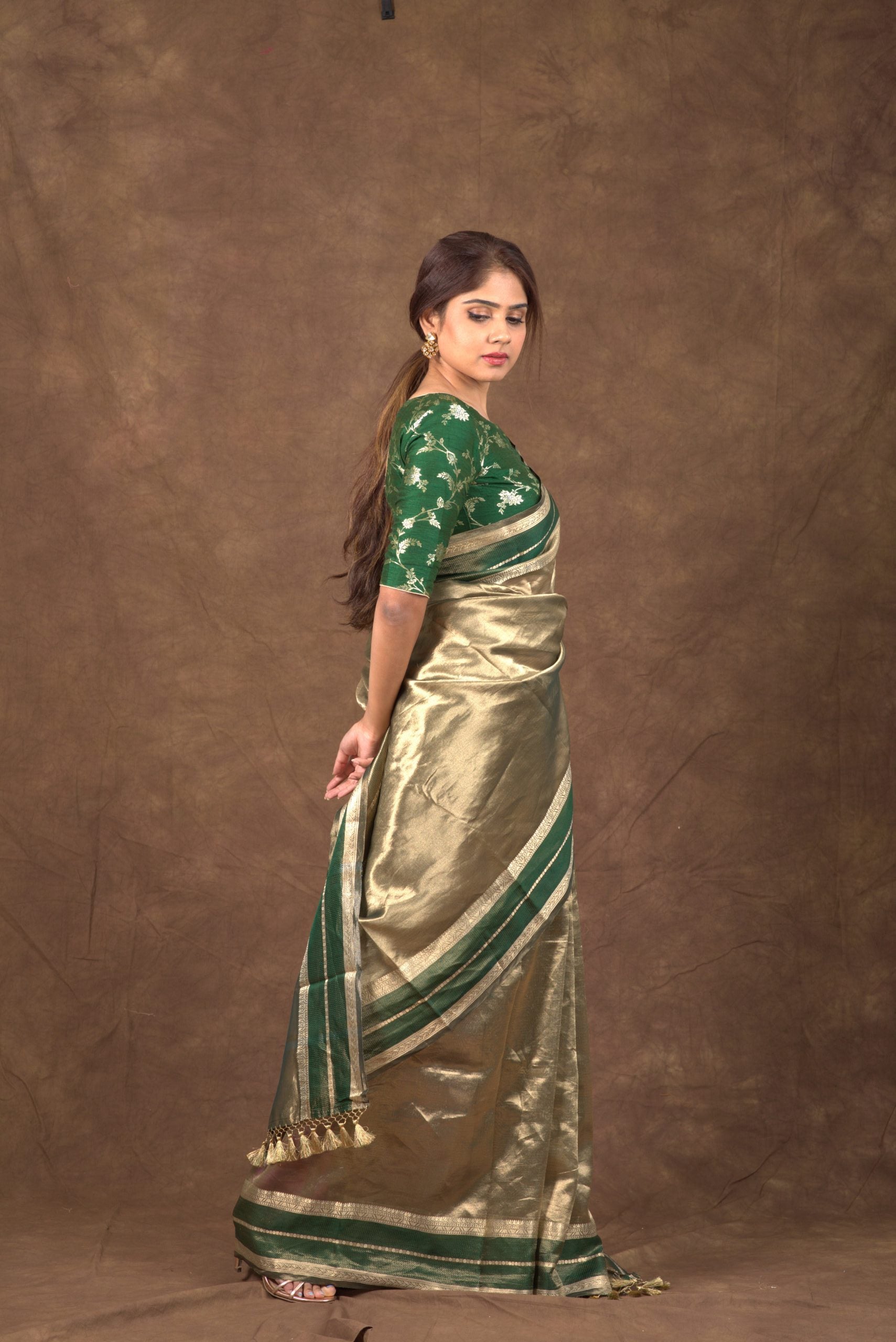 Aurum Emerald Copper Gold Tissue Banarasi Saree with Katan Borders