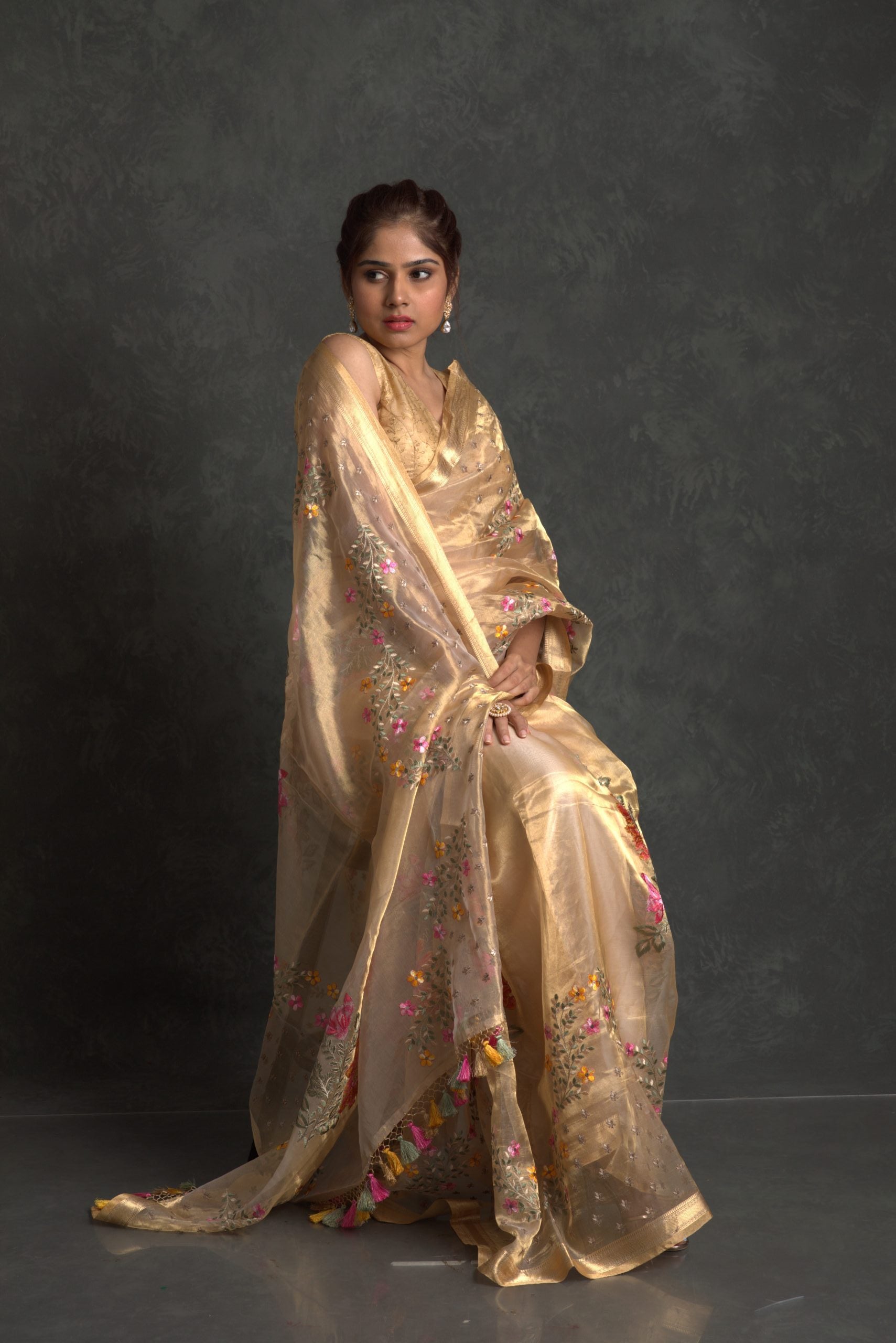 Aurum Golden Handloom Banarasi Tissue Saree with Embroidery