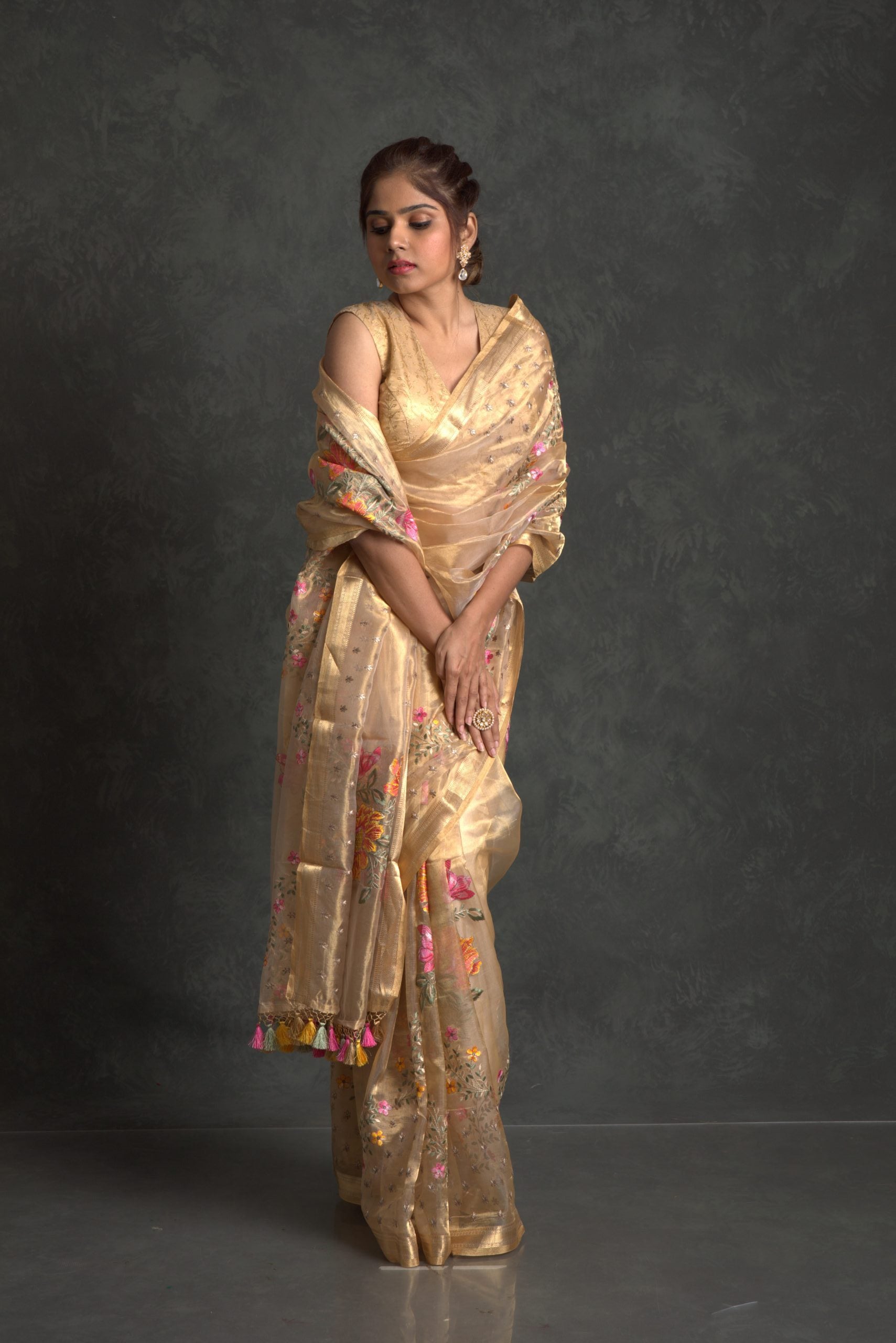 Aurum Golden Handloom Banarasi Tissue Saree with Embroidery