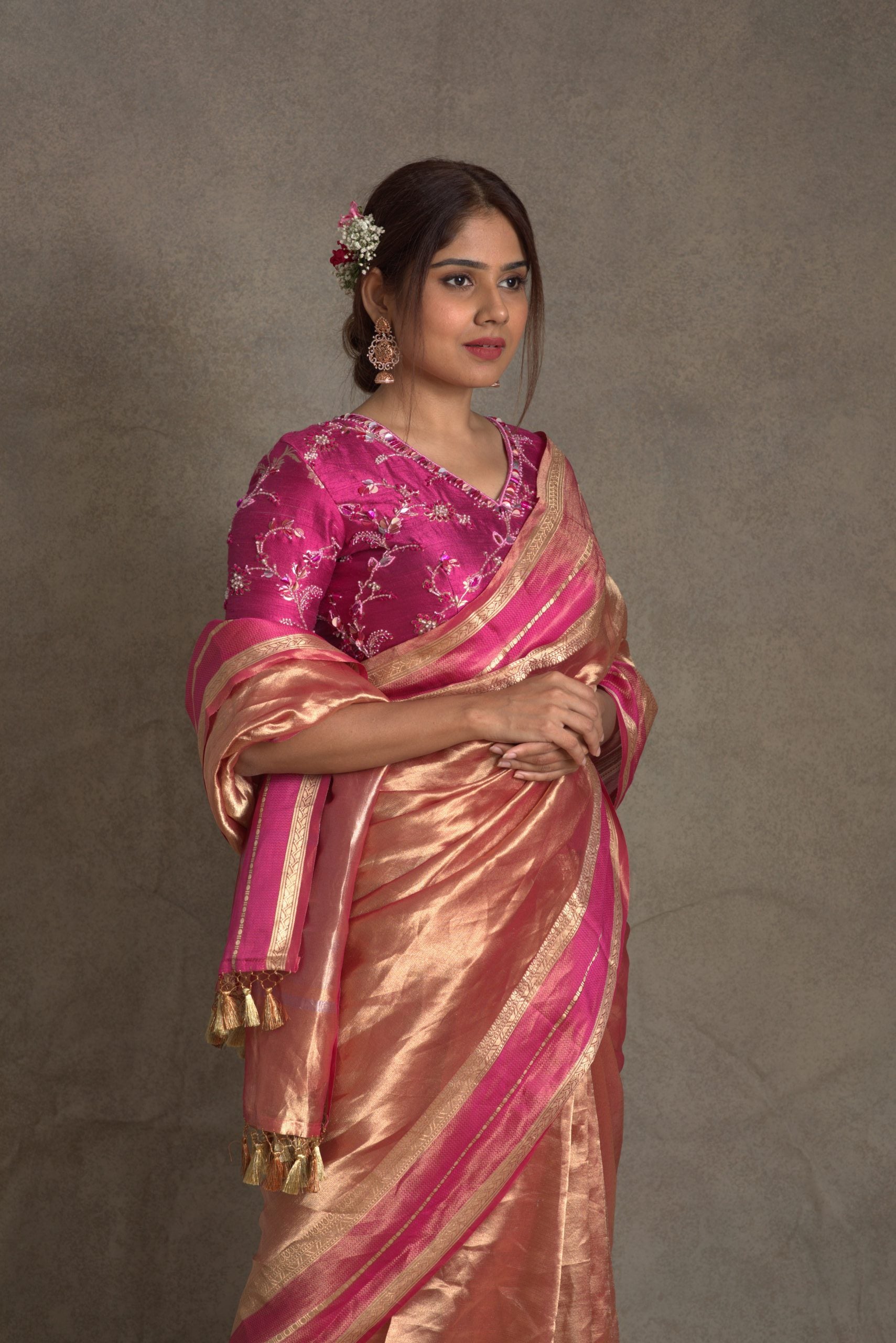 Aurum Pink Golden Tissue Banarasi Saree with Katan Borders