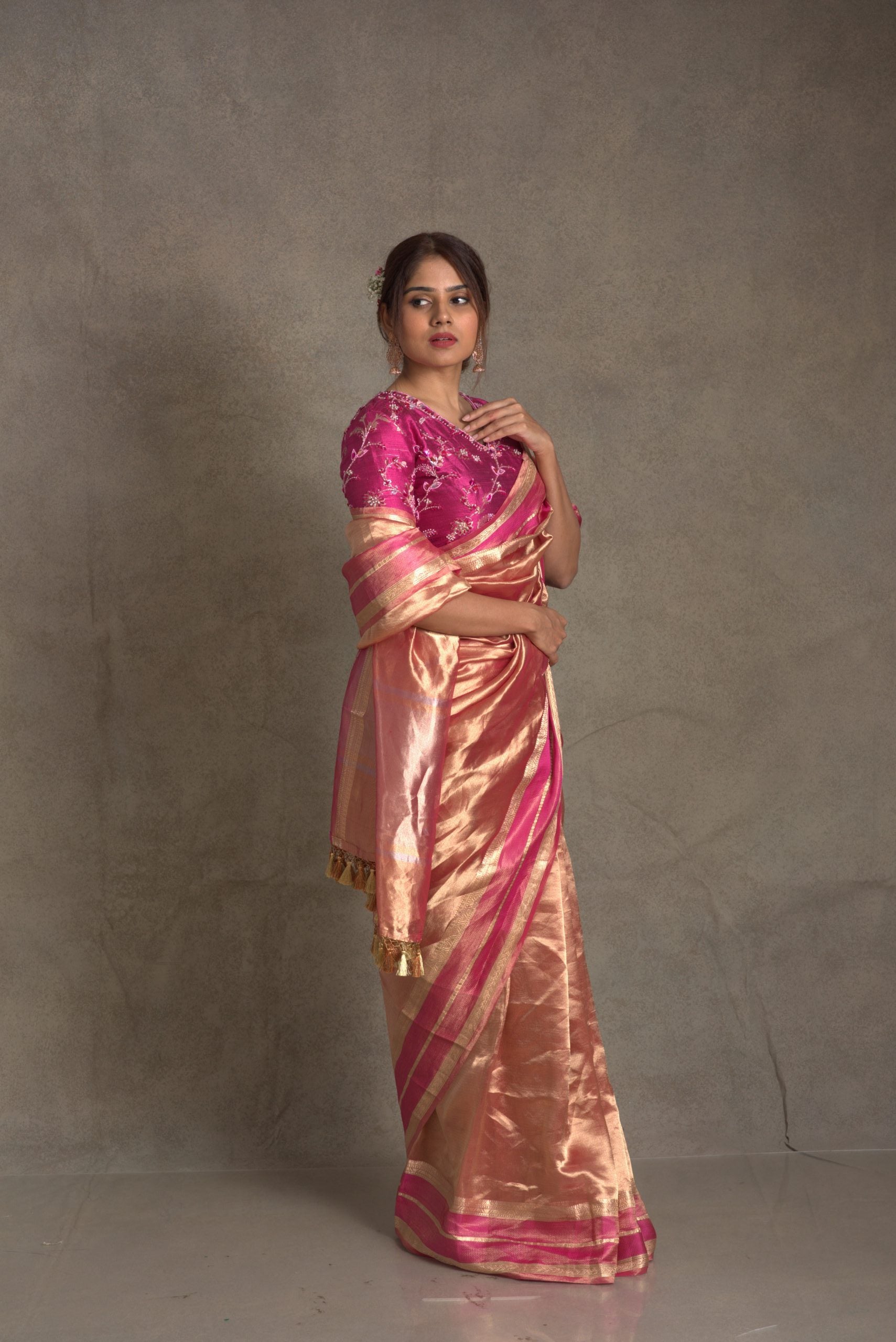 Aurum Pink Golden Tissue Banarasi Saree with Katan Borders