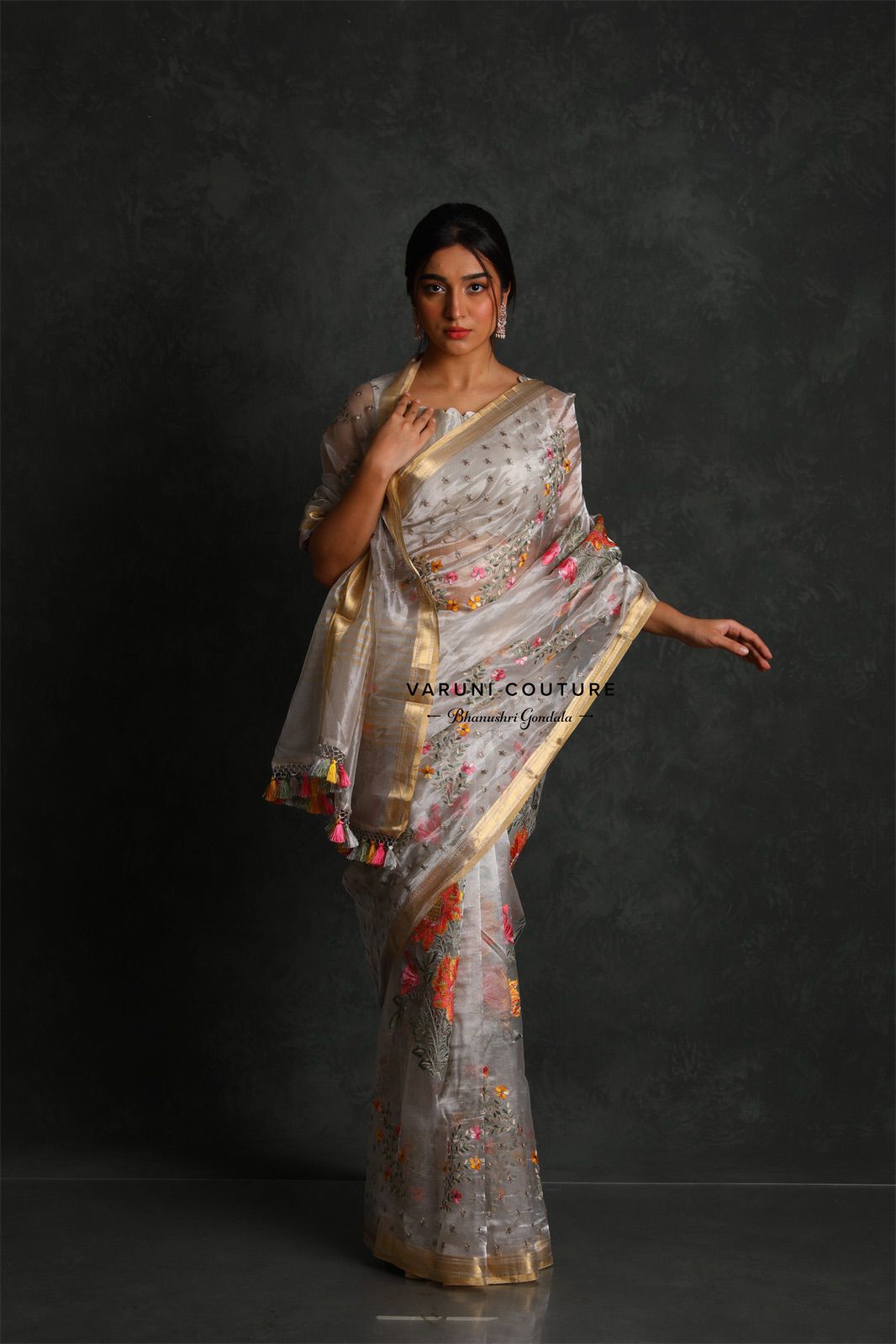 Aurum Silver Handloom Tissue Silk Saree with Meenakari Details