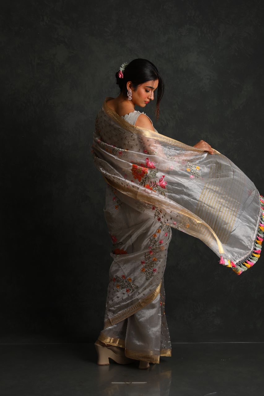 Aurum Silver Handloom Tissue Silk Saree with Meenakari Details