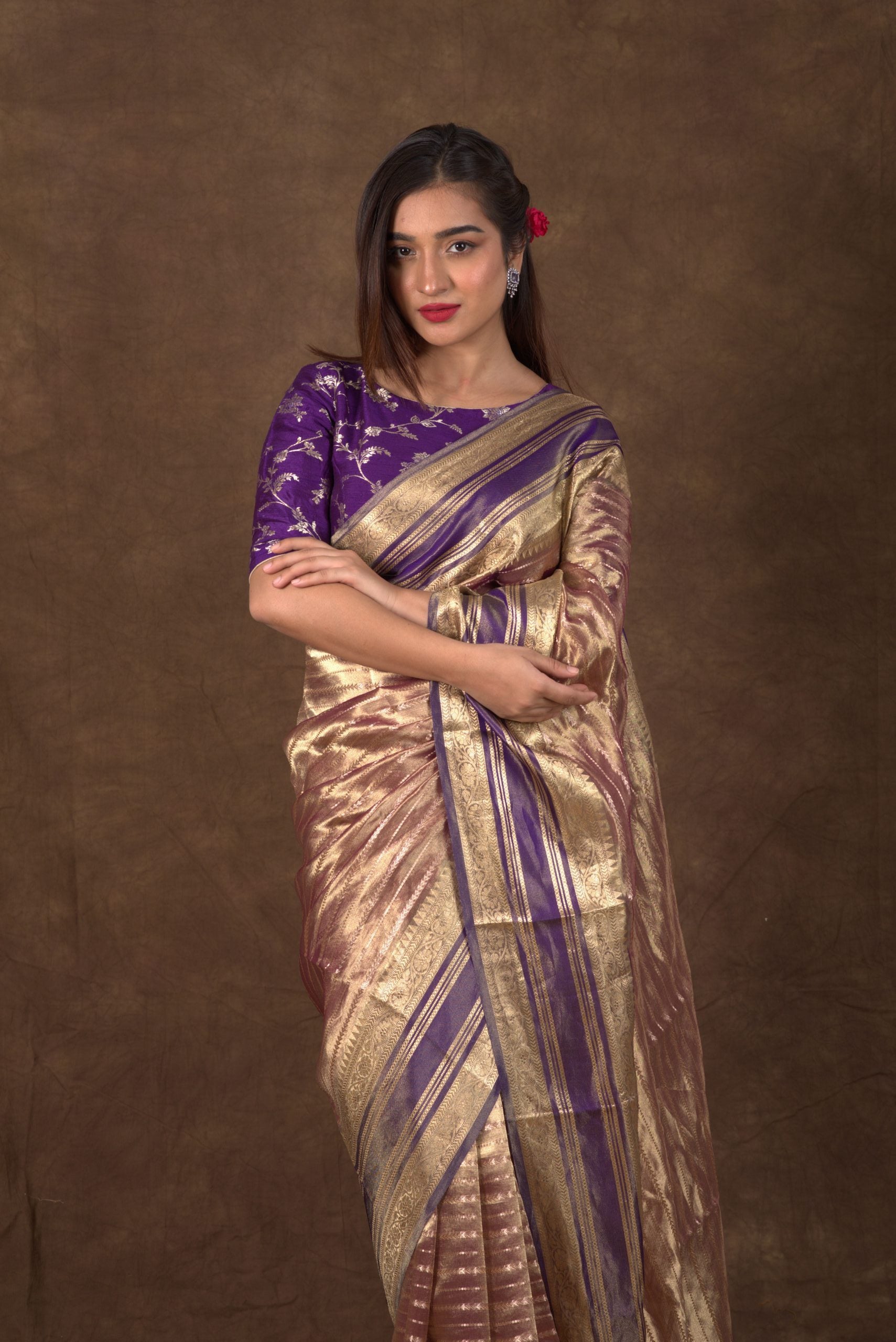 Aurum Stripe Purple Golden Tissue Banarasi Saree with Katan Borders