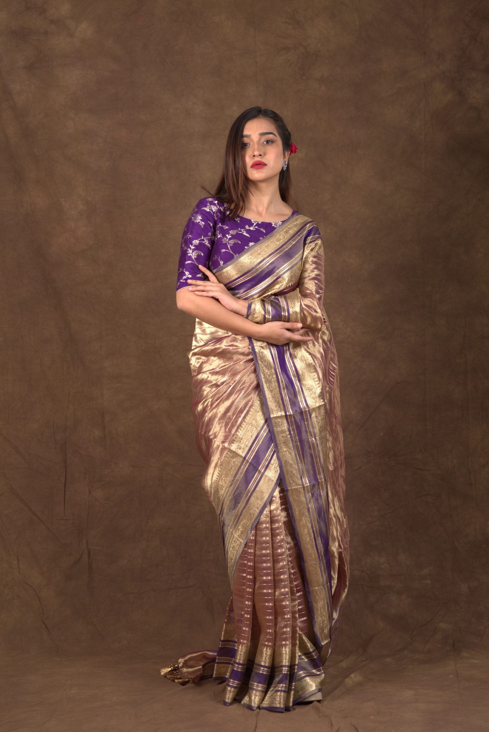 Aurum Stripe Purple Golden Tissue Banarasi Saree with Katan Borders