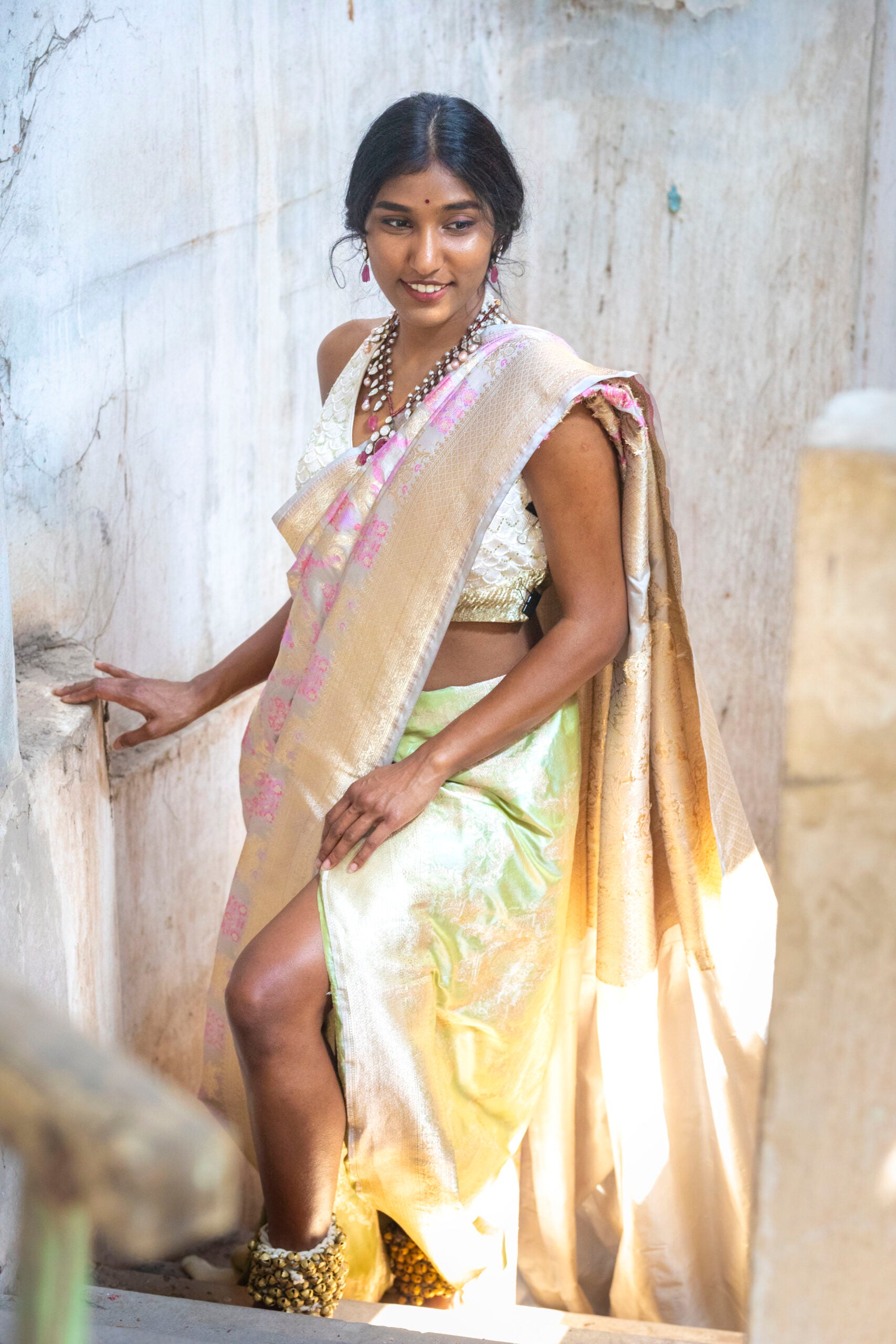 Pearl Grey Jaal Banaras Silk Saree with Pastel Meenakari Motifs