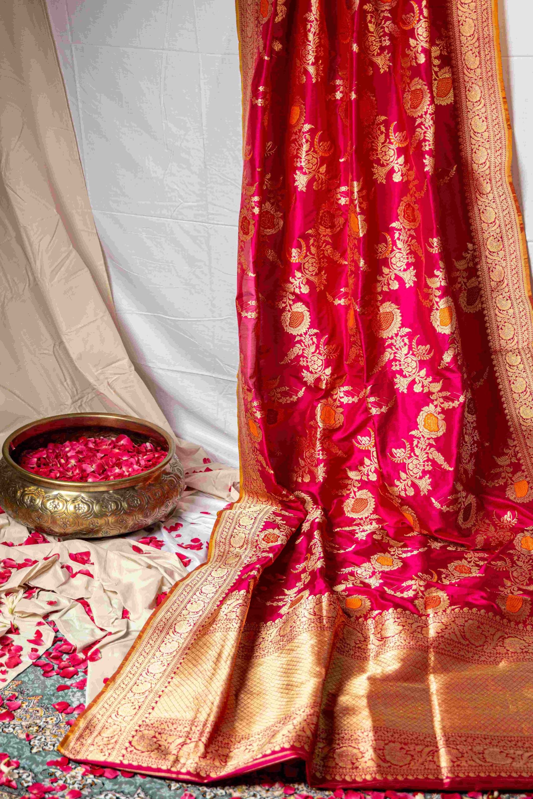 Rani Pink Benaras Saree with Orange and Pink Meenakari Rose Motifs