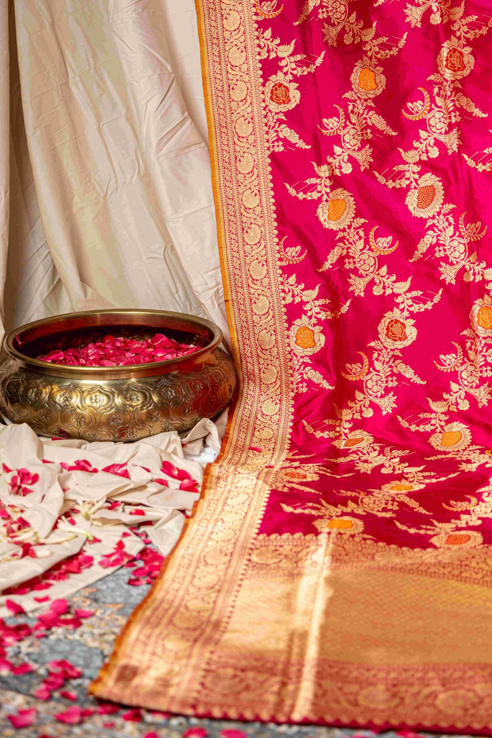 Rani Pink Benaras Saree with Orange and Pink Meenakari Rose Motifs