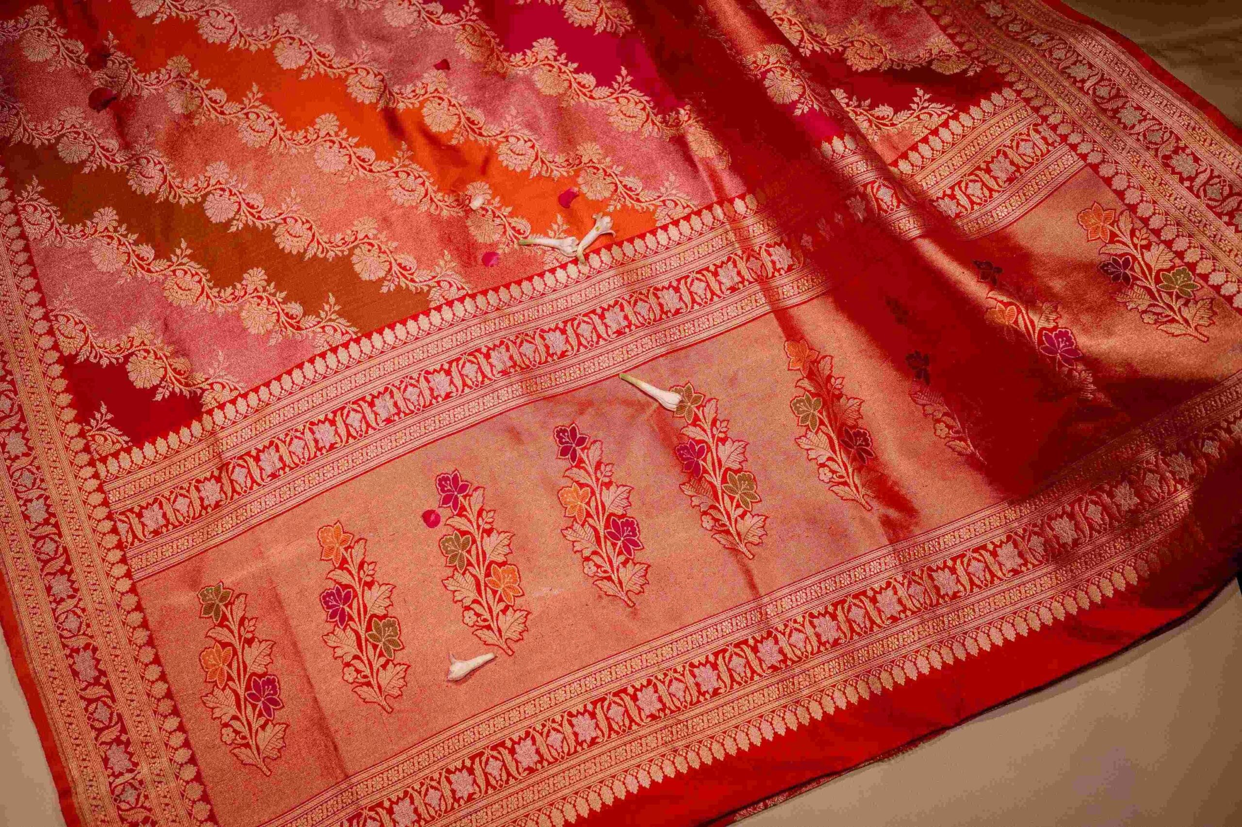 Shades of Crimson Rani Pink Mustard and Orange Rangkat Cross Banaras Tissue Saree