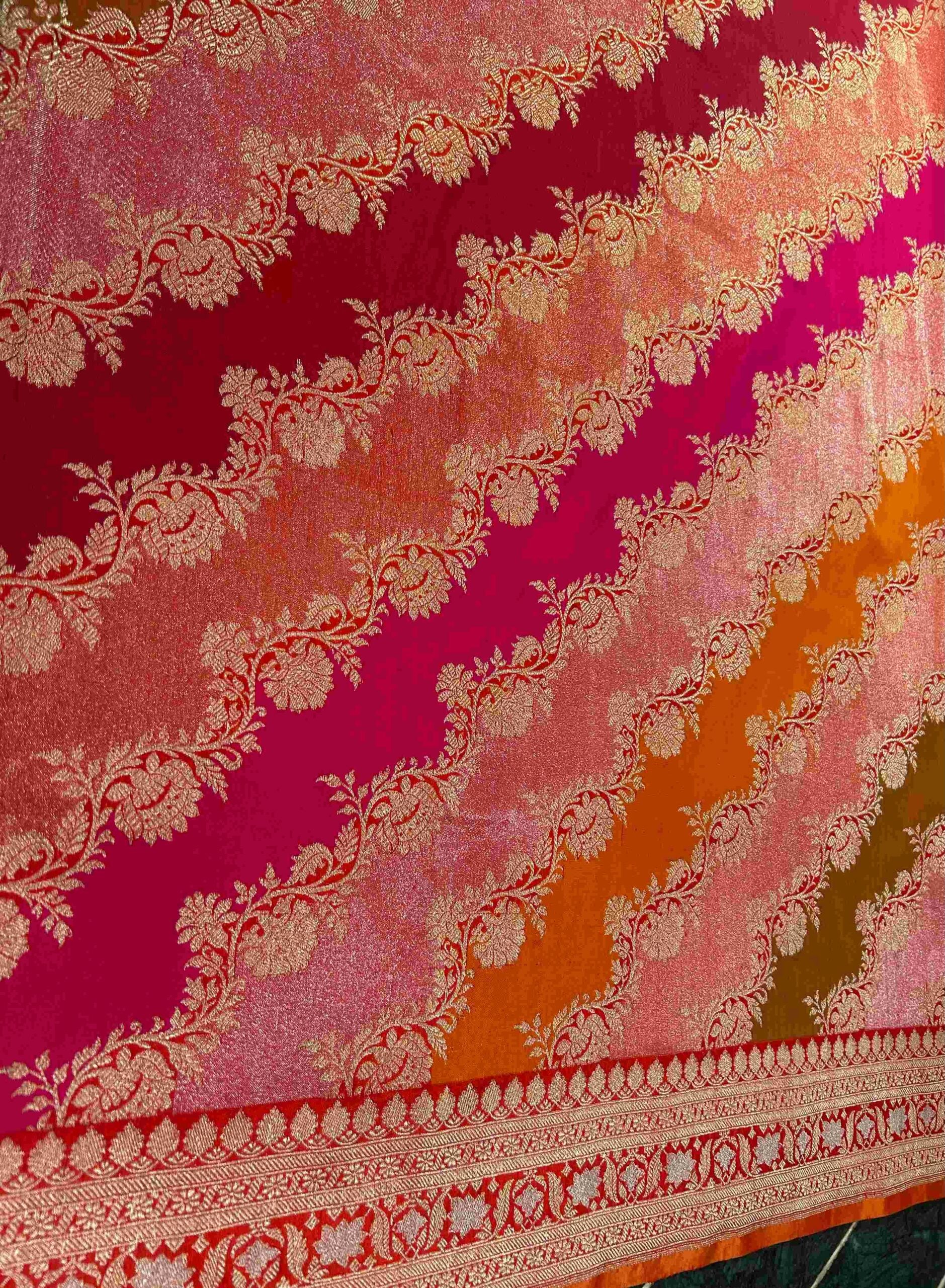 Shades of Crimson Rani Pink Mustard and Orange Rangkat Cross Banaras Tissue Saree