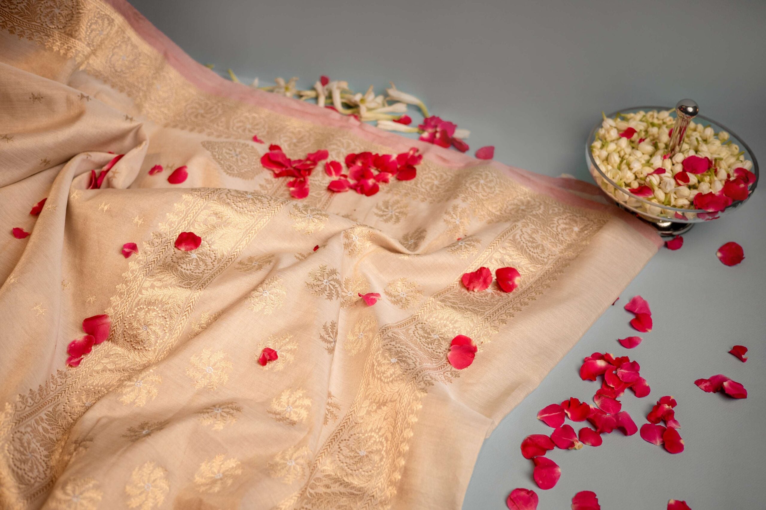 Beige Tissue Banaras Saree with Pink Trim and Gold Zari Borders