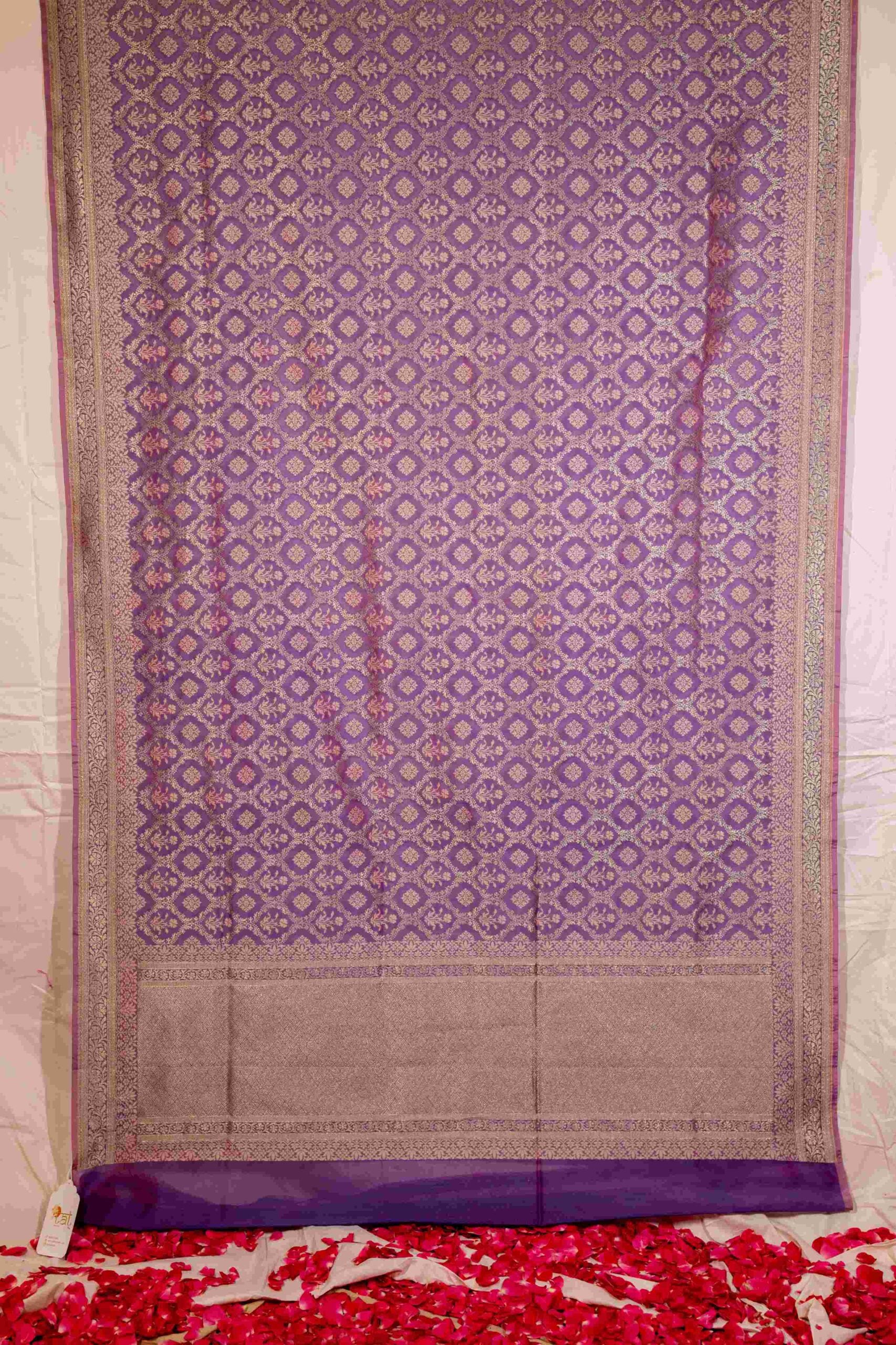 Purple and Gold Geometric pattern summer cotton Banaras Saree