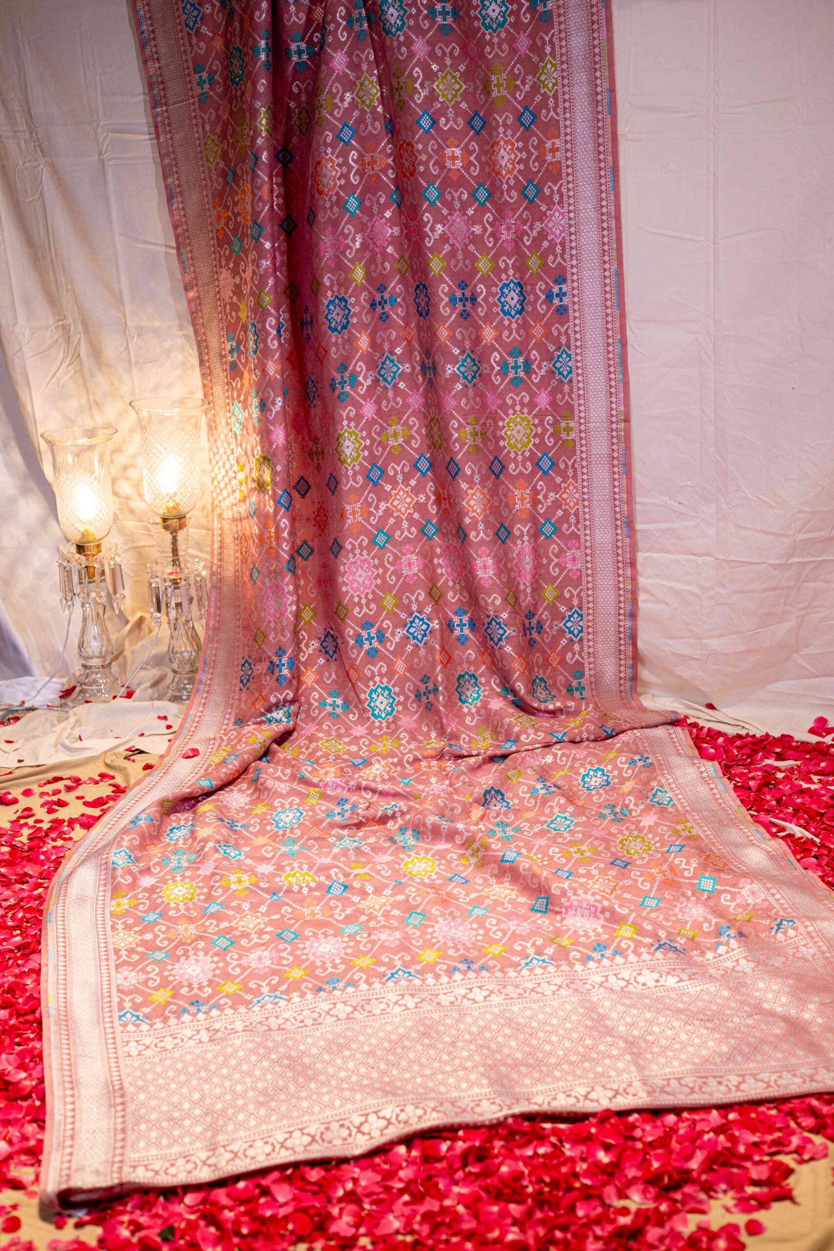 Pink Ikat pattern Tusar Silk Banaras Saree