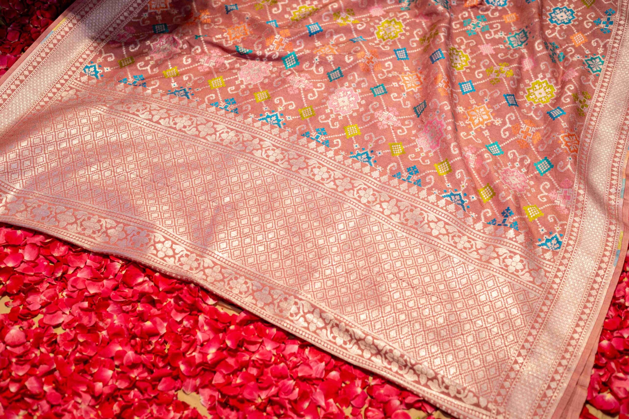 Pink Ikat pattern Tusar Silk Banaras Saree