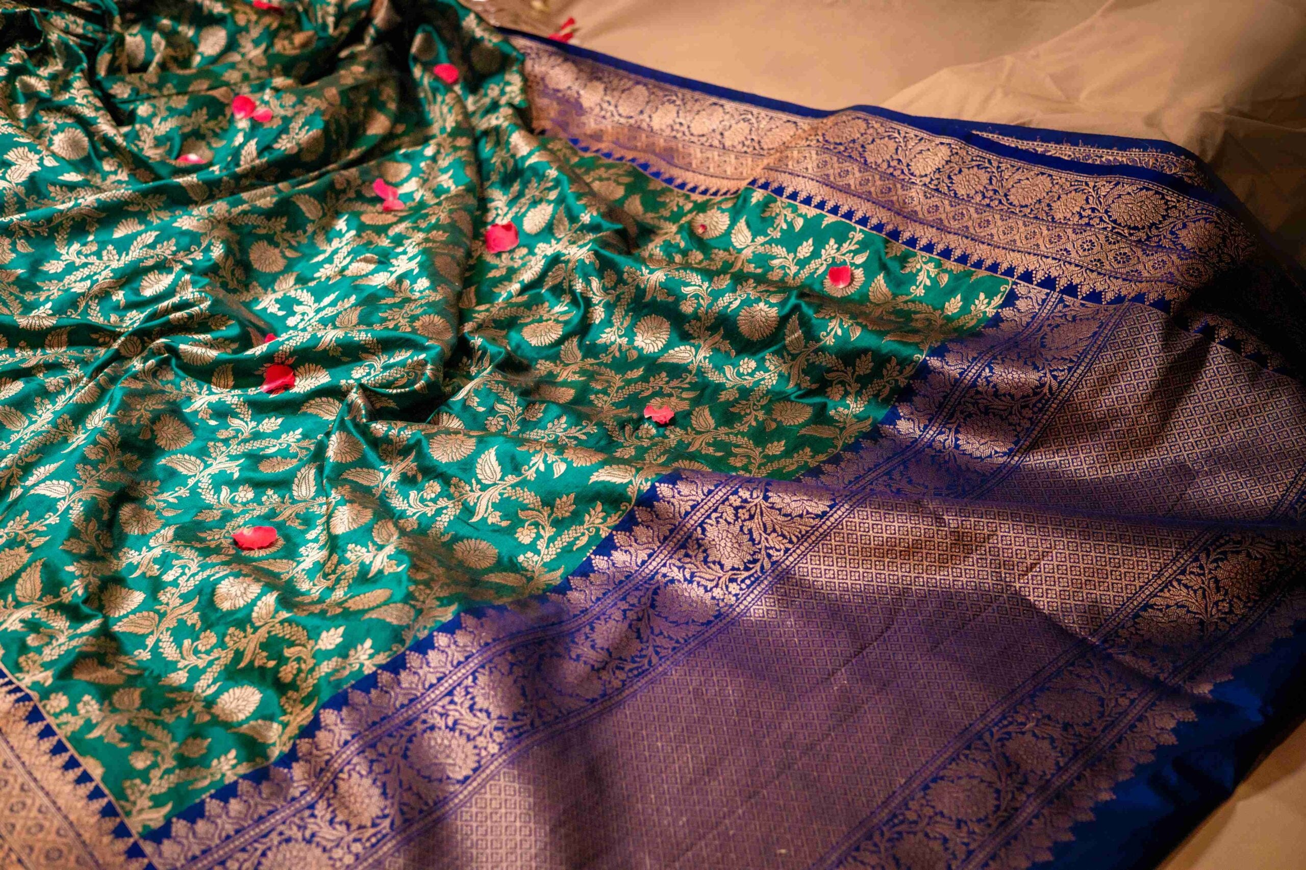 Emerald Green with Royal blue border zari Jaal Banaras Saree