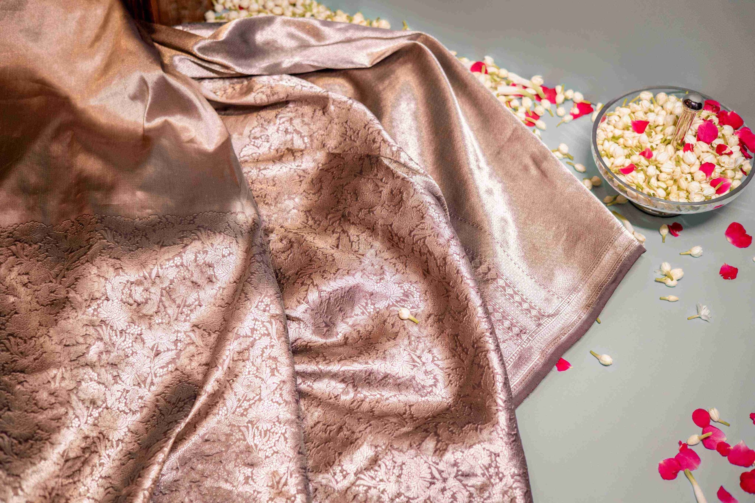 Taupe Gardenia Banaras Saree with Silver Zari