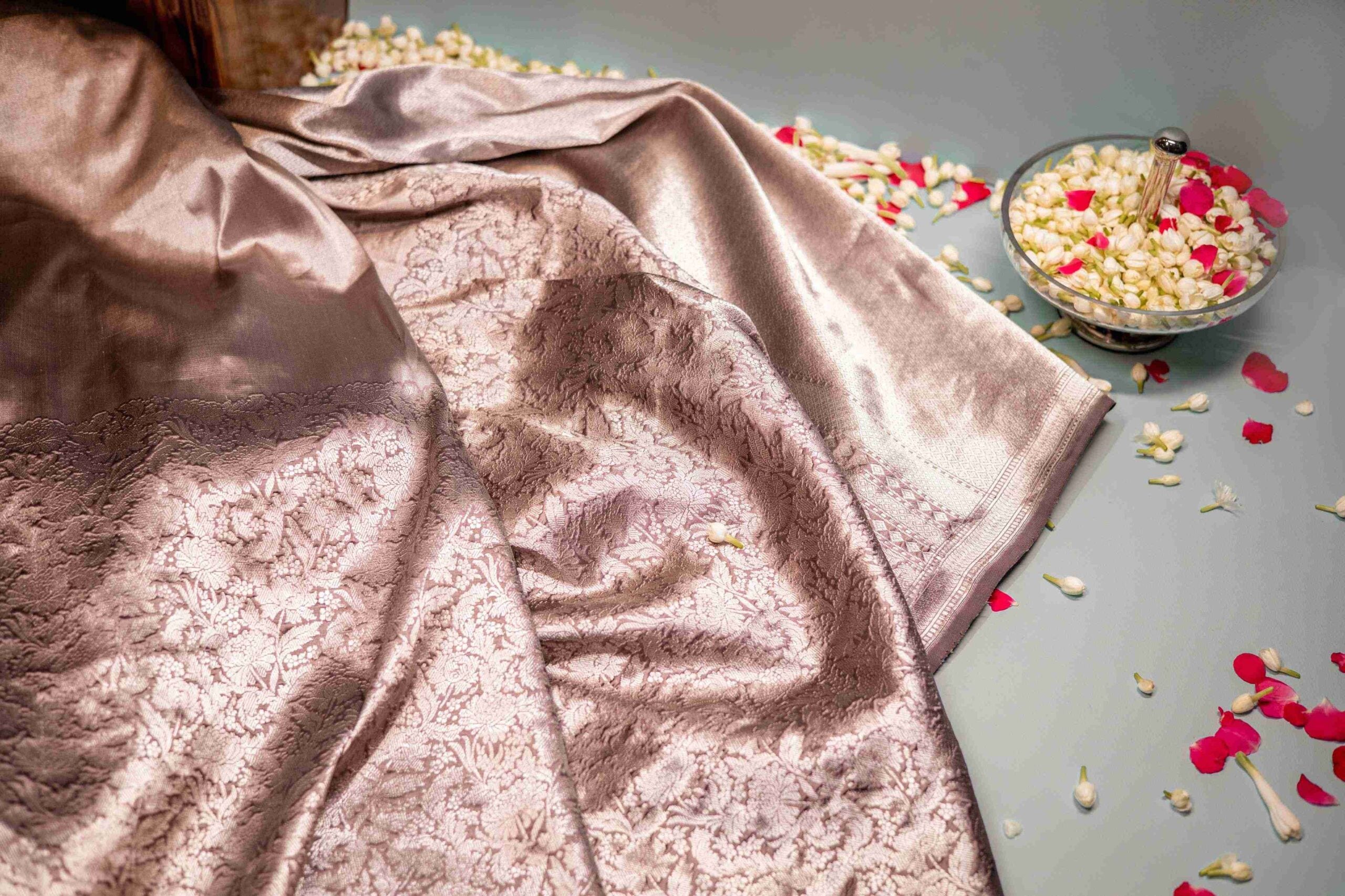 Taupe Gardenia Banaras Saree with Silver Zari