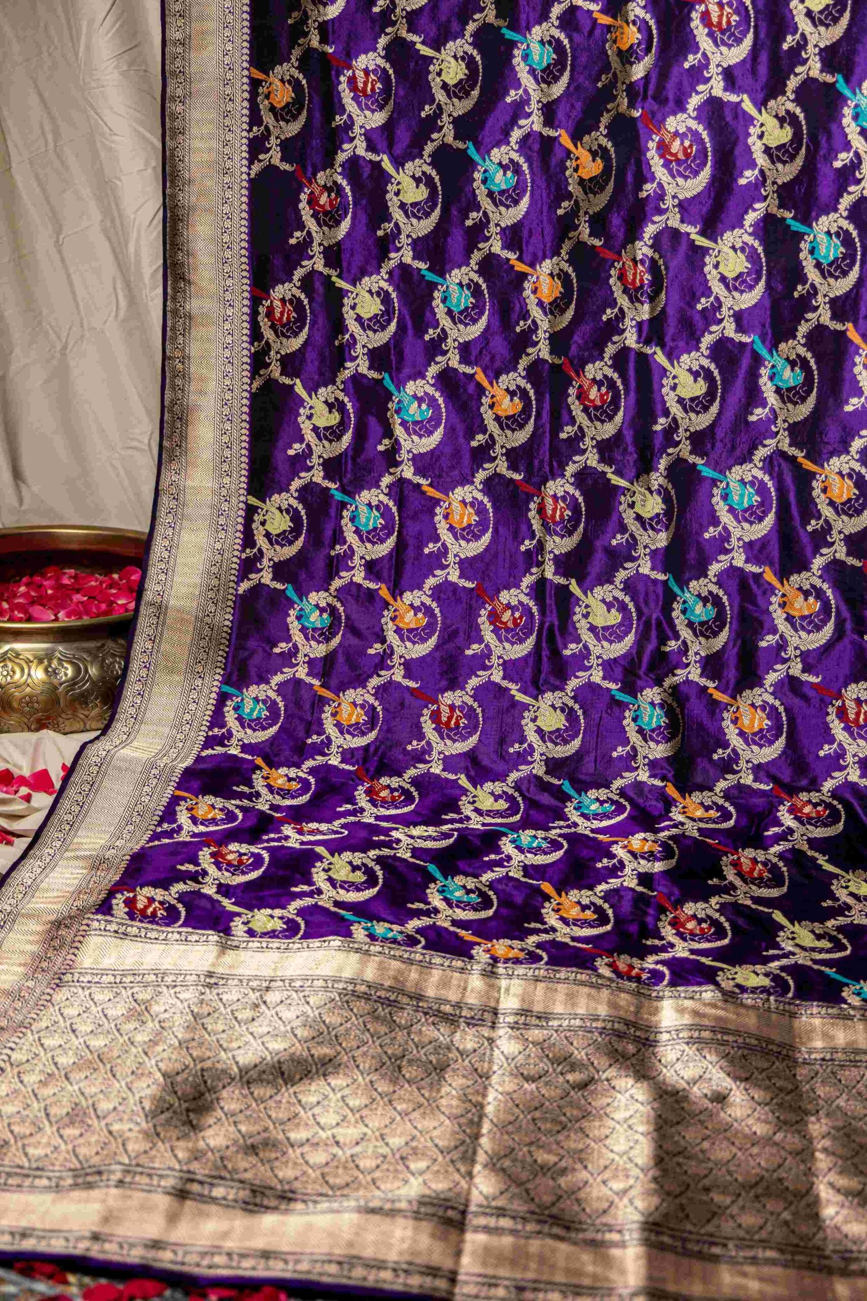 Aubergine Banaras Saree with Bird Meenakari in Orange Blue and Maroon