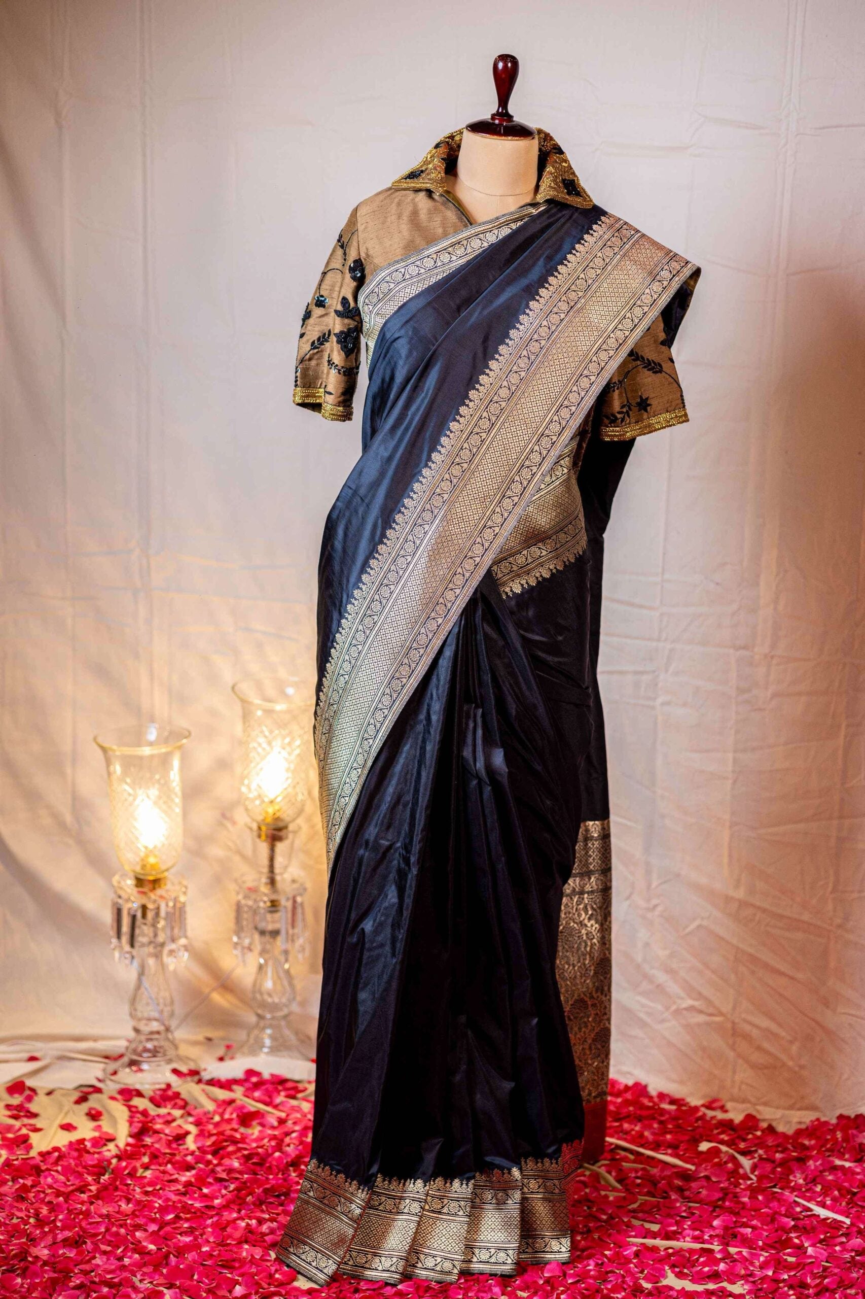 Black and Gold Embossed Paisley Banaras Saree with Hand-Embroidered Olive Green Blouse