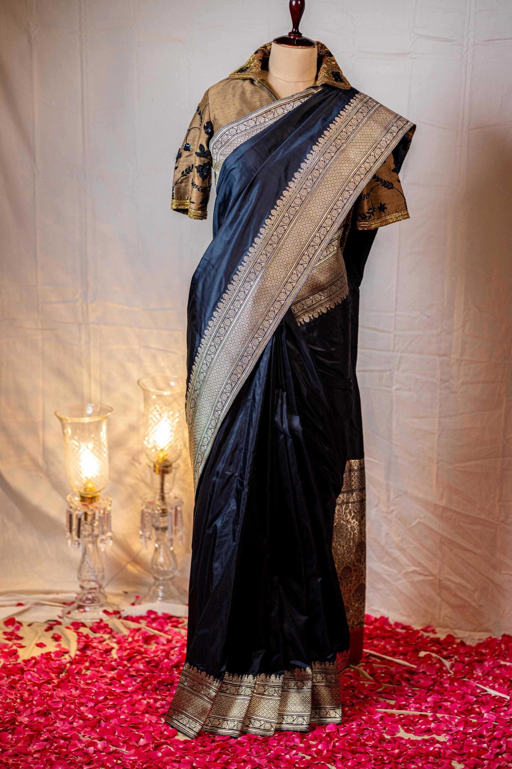 Black and Gold Embossed Paisley Banaras Saree with Hand-Embroidered Olive Green Blouse