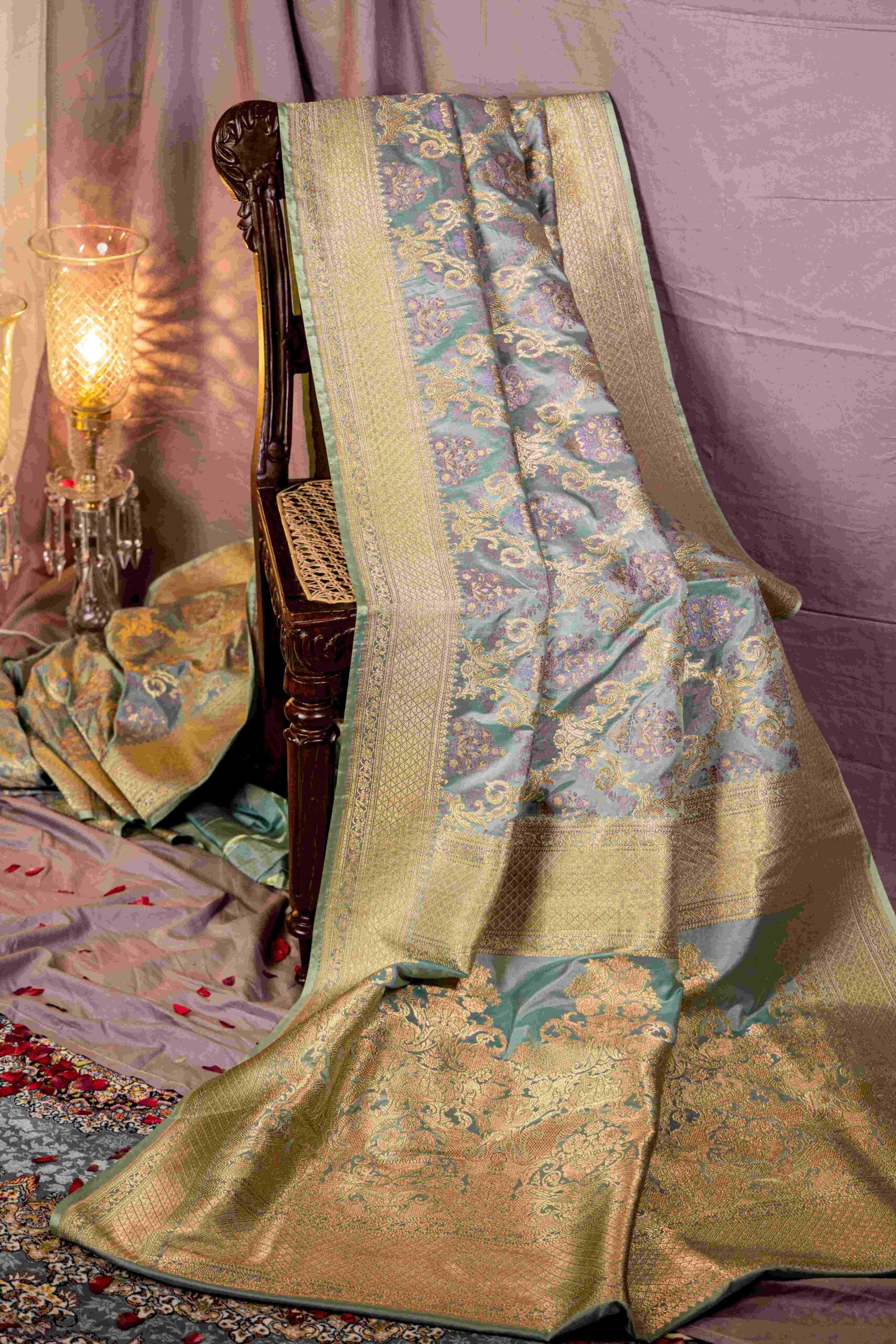 Sea Green Jaal Benaras with lavender and mauve Meenakari saree