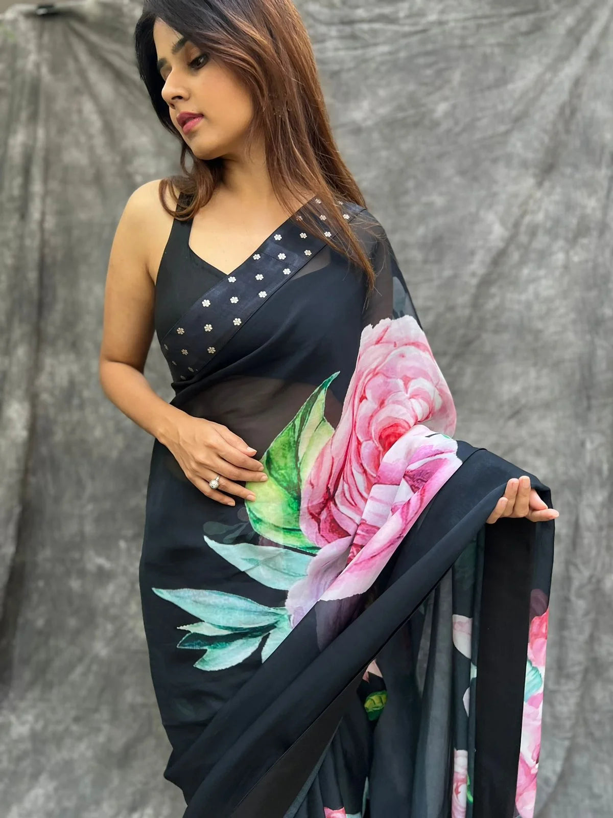 Black Orchid Organza Floral Printed Saree