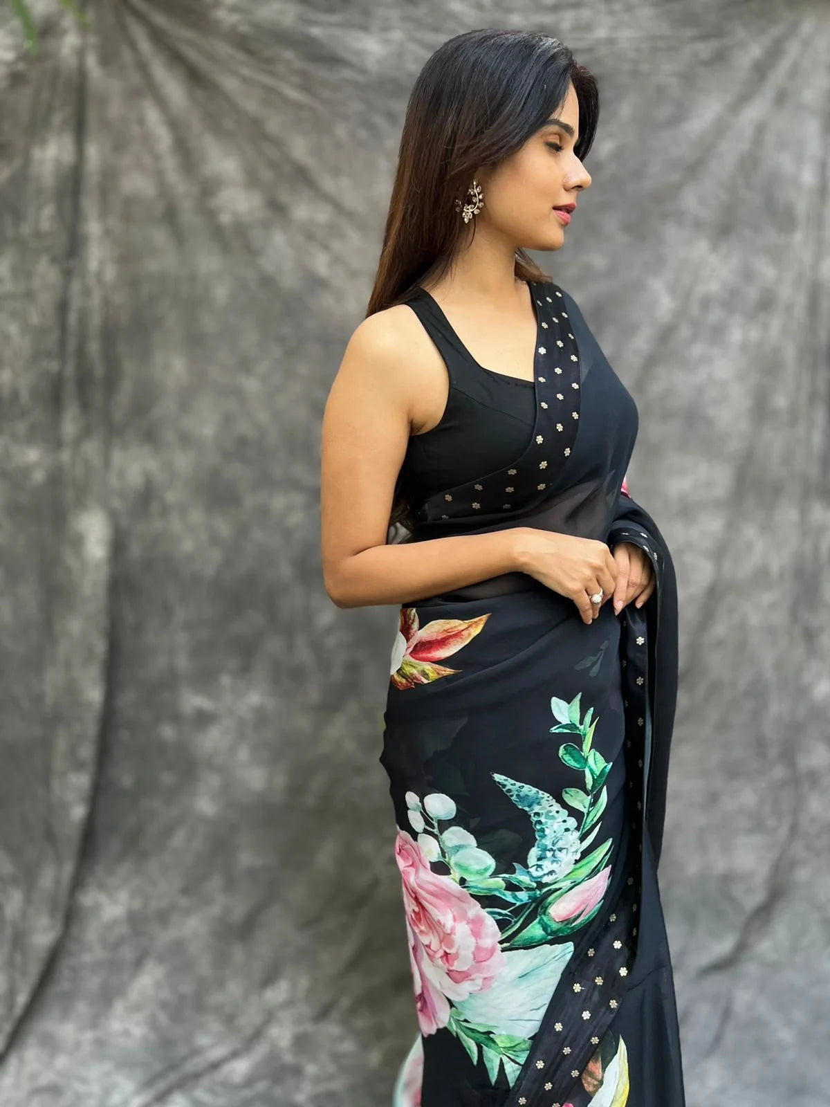 Black Orchid Organza Floral Printed Saree