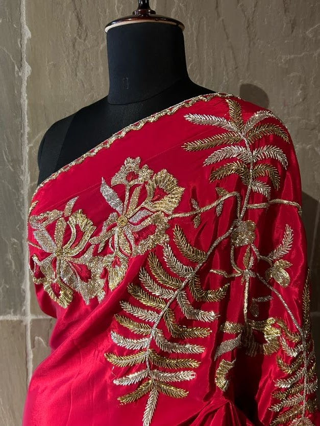 Red chiffon with gulmohar flower motif