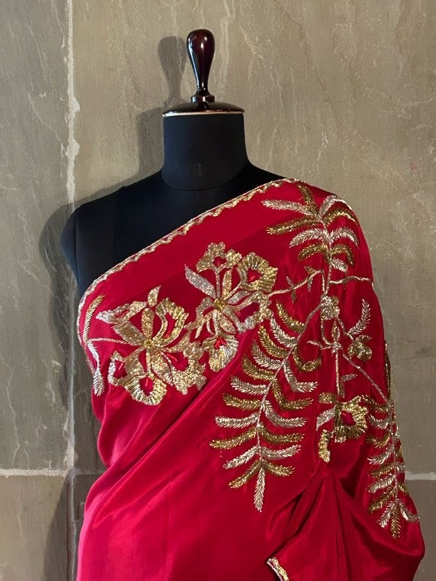 Red chiffon with gulmohar flower motif