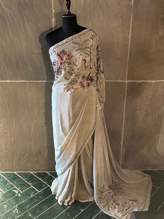 pearl grey gulmohar chiffon saree