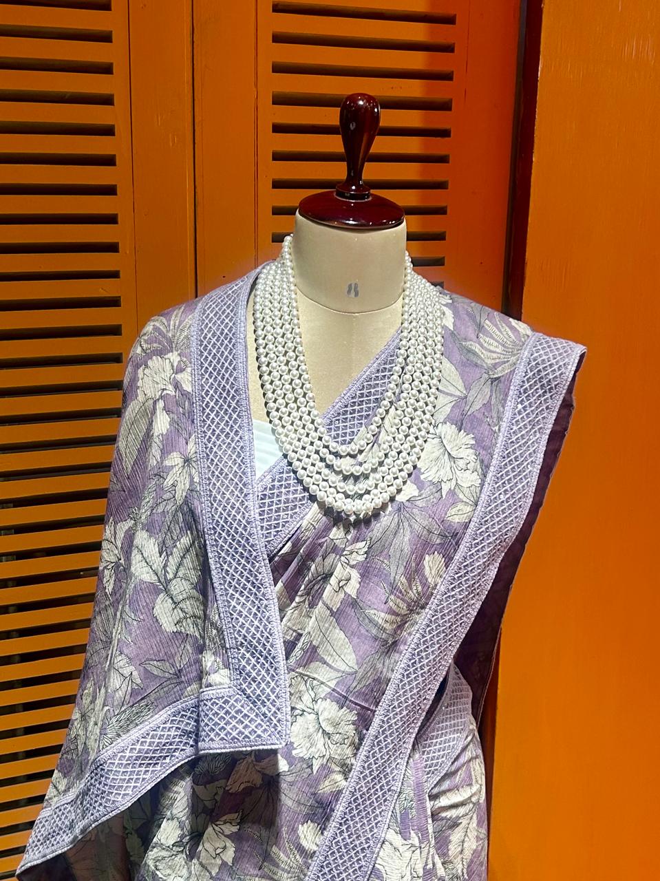 Lavender chiffon cotton saree with digital flora print and chikankari borders