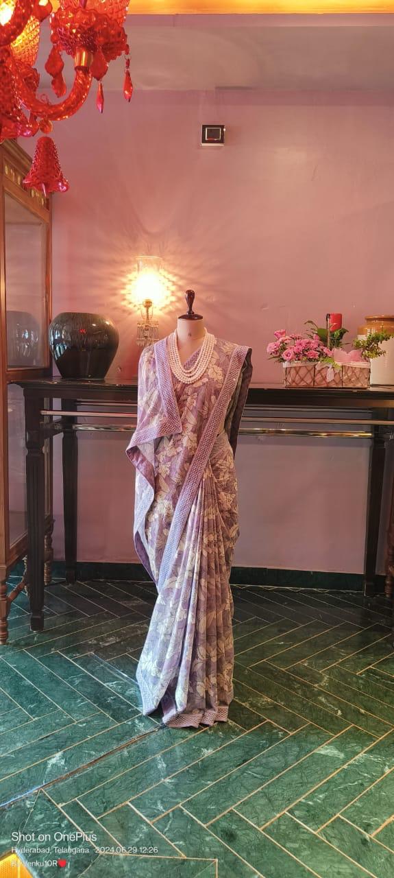 Lavender chiffon cotton saree with digital flora print and chikankari borders