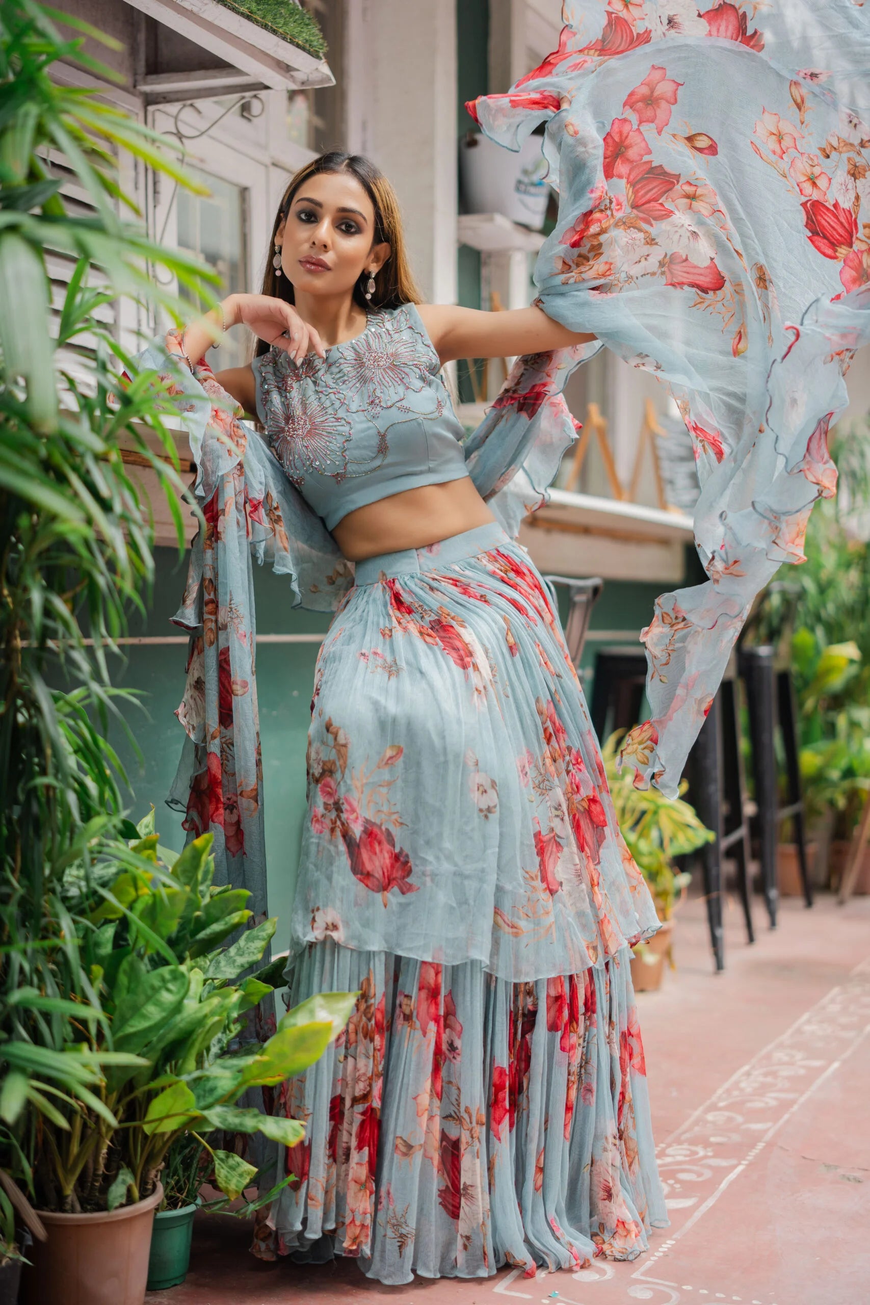 Coral Ocean Floral Chiffon Lehenga Set