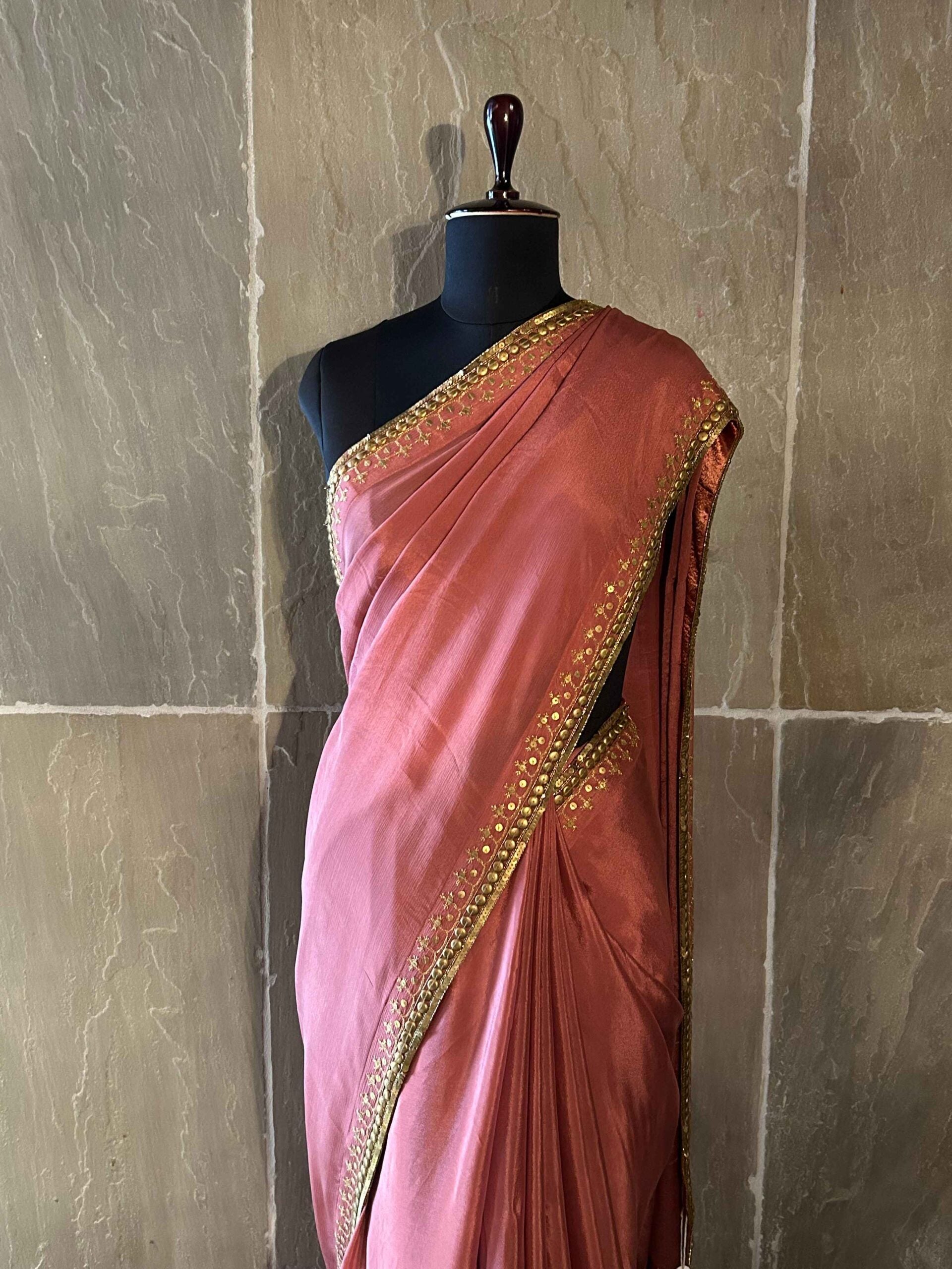 Onion pink satin saree with metal embellishments