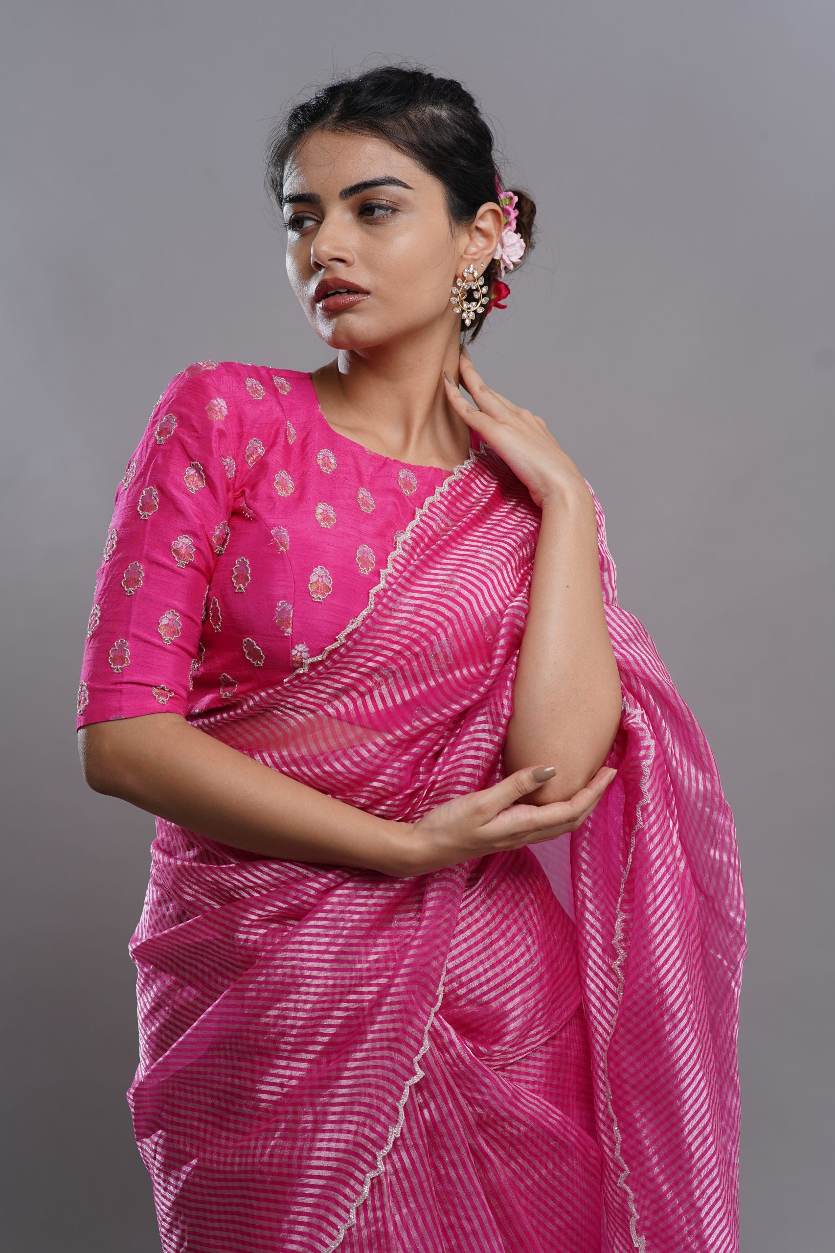 Pink Tissue Saree with Silver Zari