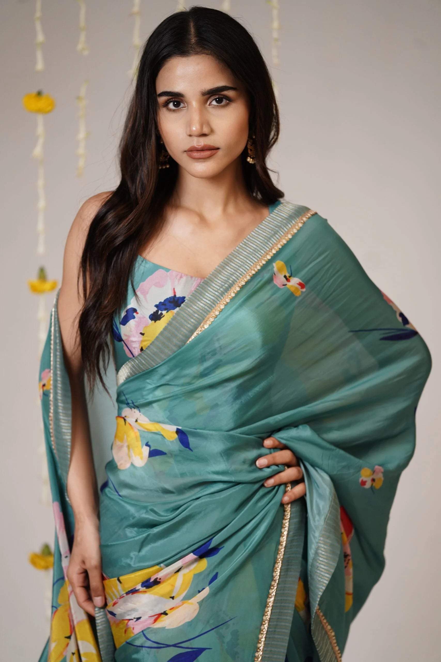 Mandhaara Nilavarna Floral Green Organza Saree