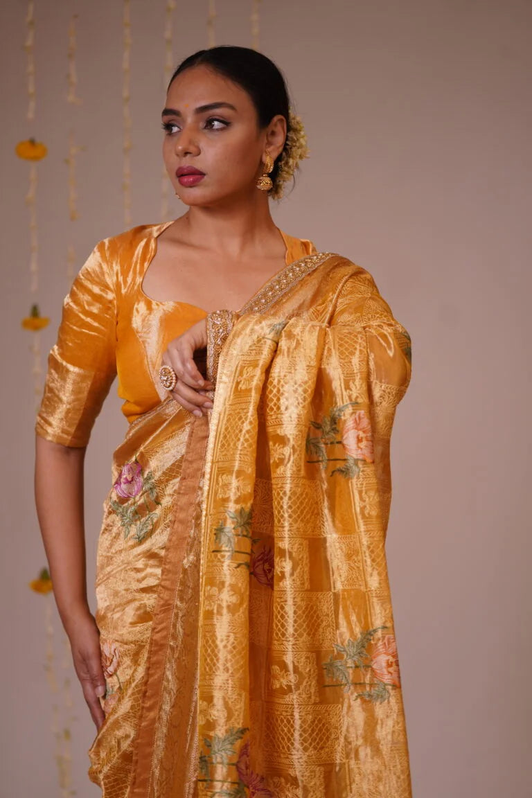 Mandhaara Kanchani - Handwoven Golden Silk Saree with Floral Embroidery