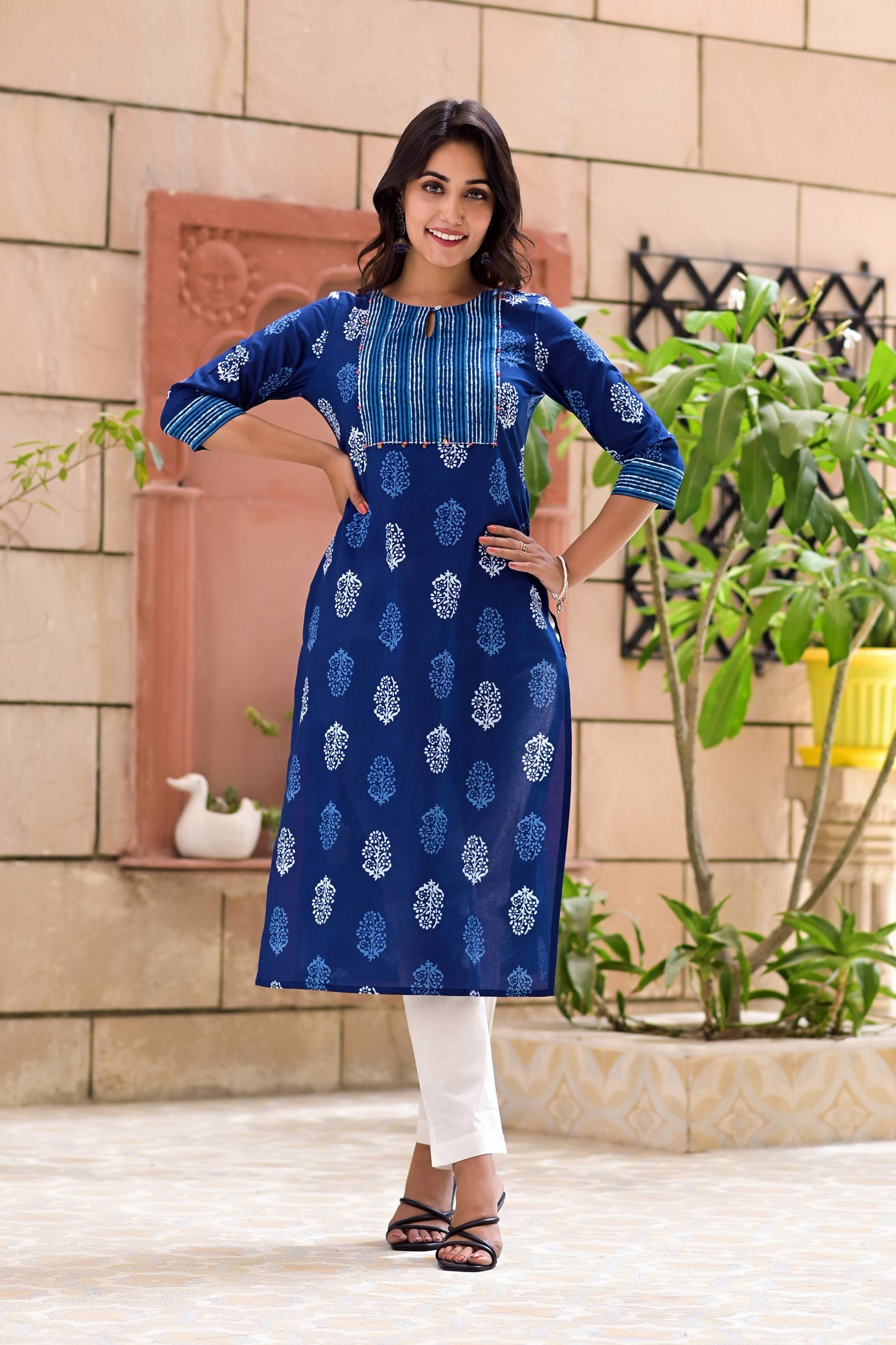 Blue Cotton Block Printed Embroidered Kurta With Pant- Set of 2