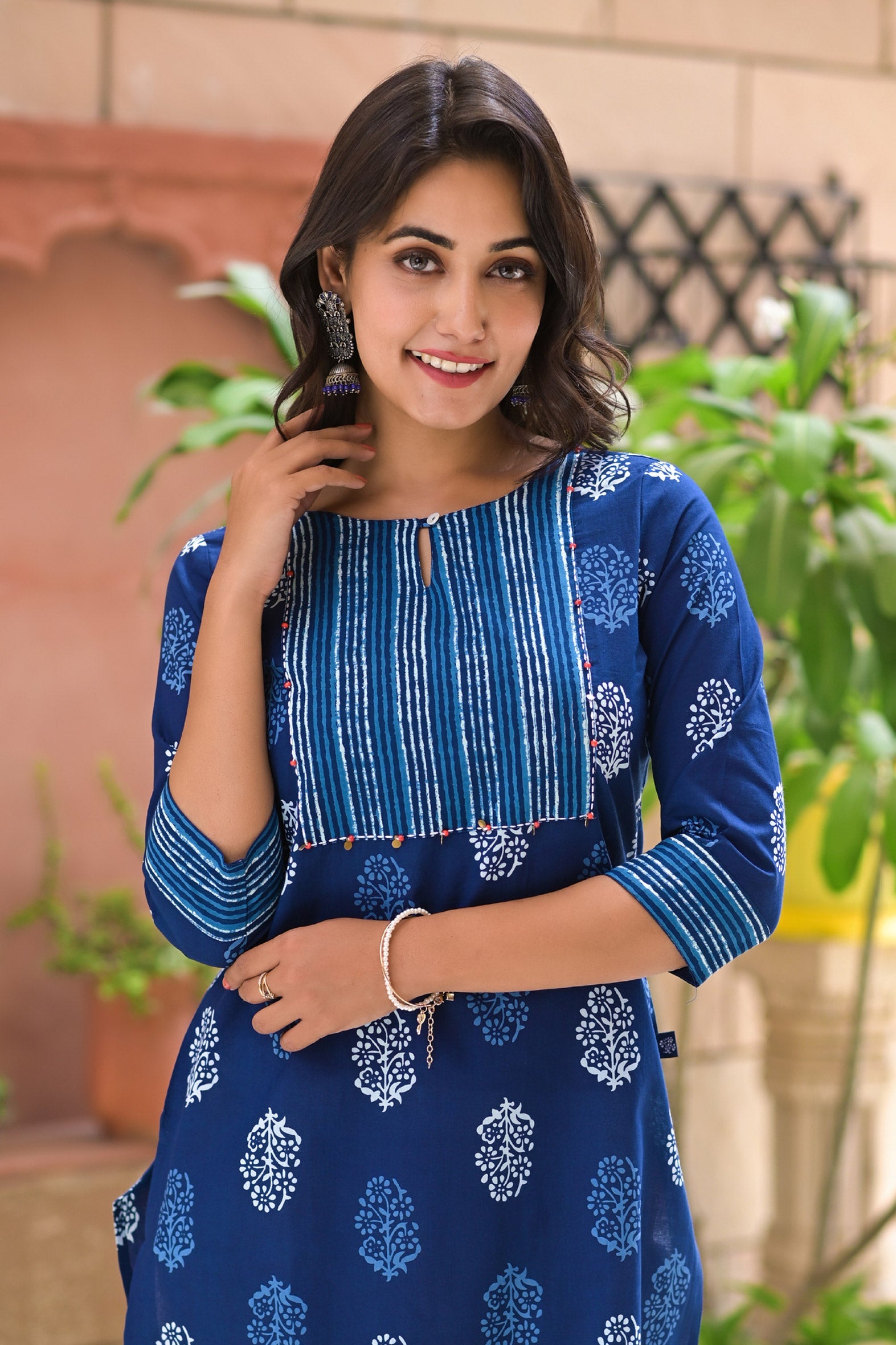 Blue Cotton Block Printed Embroidered Kurta With Pant- Set of 2