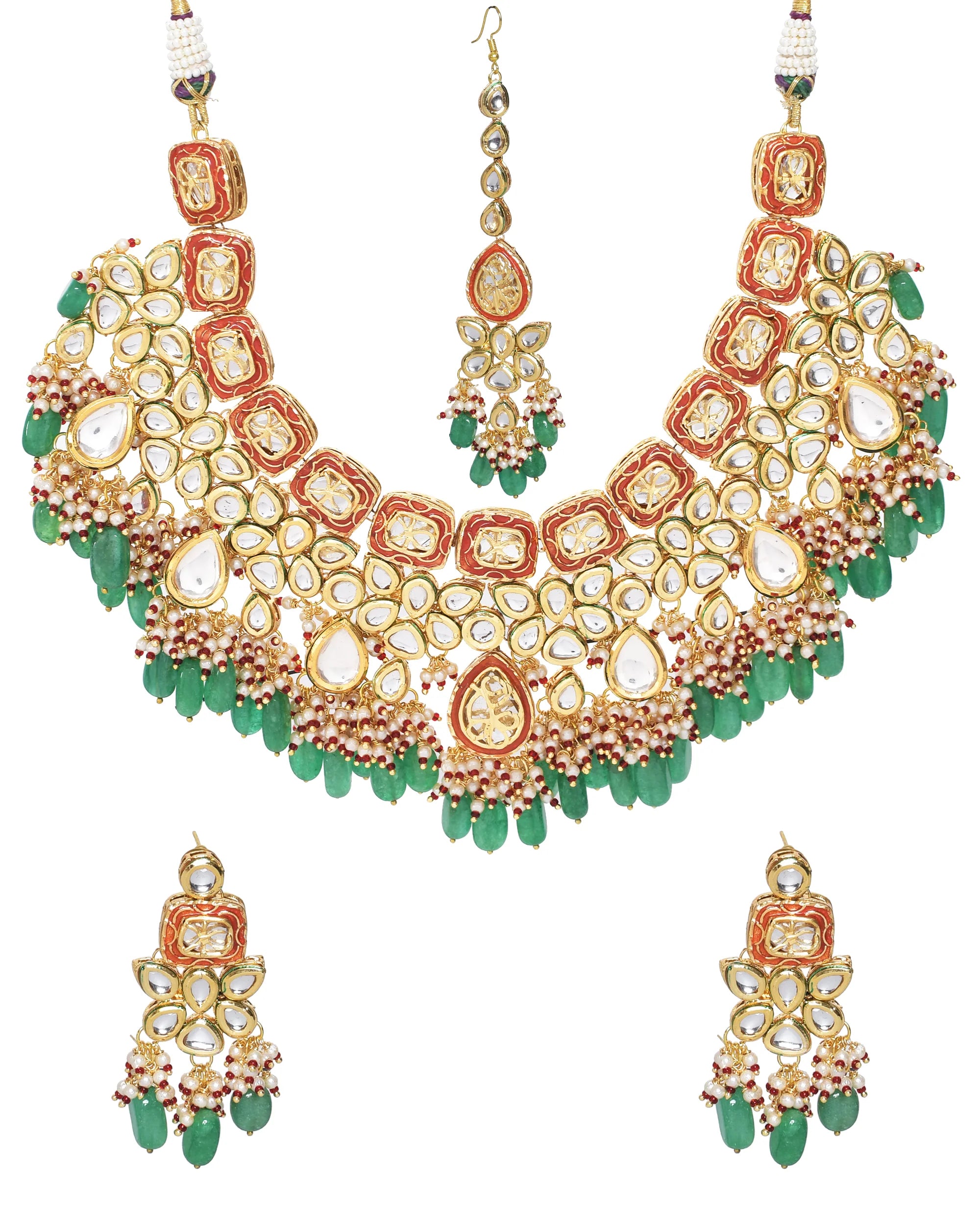 Green Red Gold toned Handcrafted Kundan necklace with matching earrings & Maang Tikka