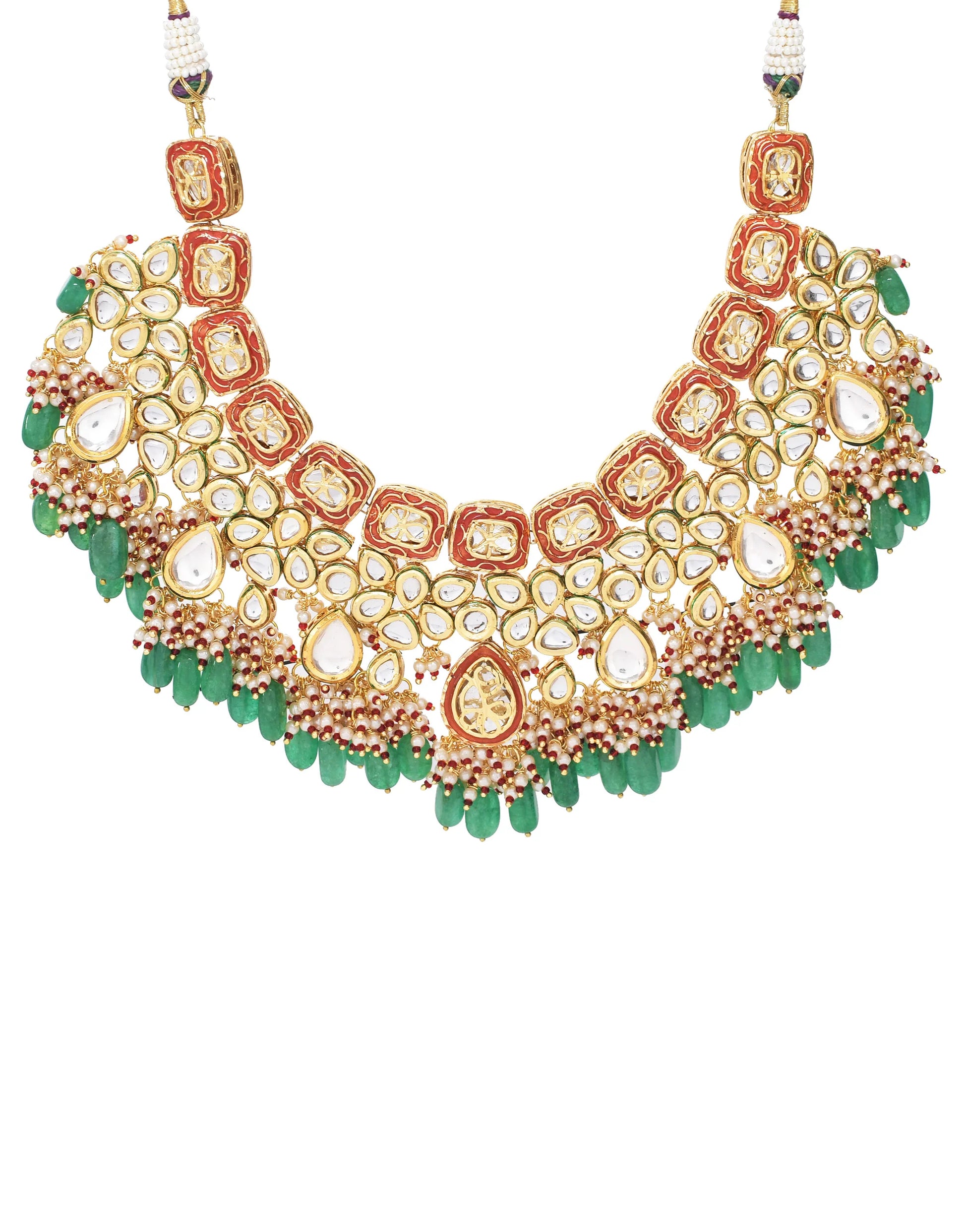 Green Red Gold toned Handcrafted Kundan necklace with matching earrings & Maang Tikka