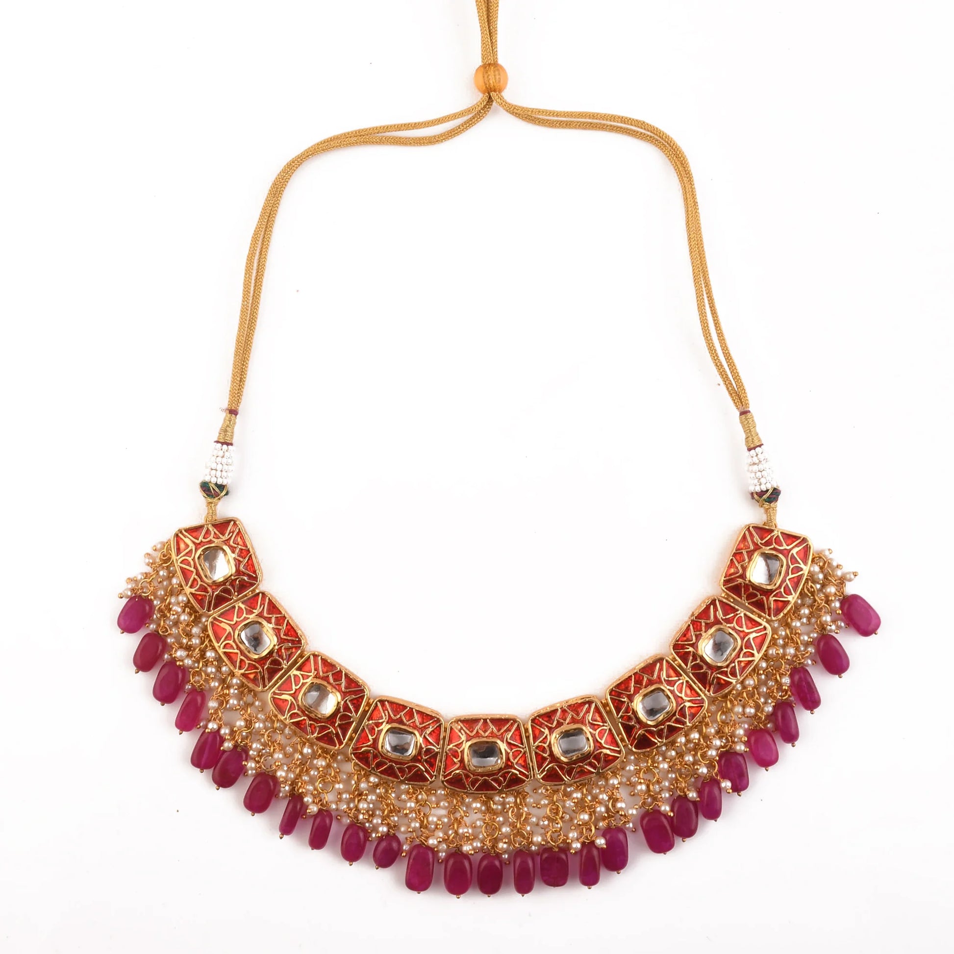 Kundan inspired mahroon enameled Necklace and earrings with Maang Tikka