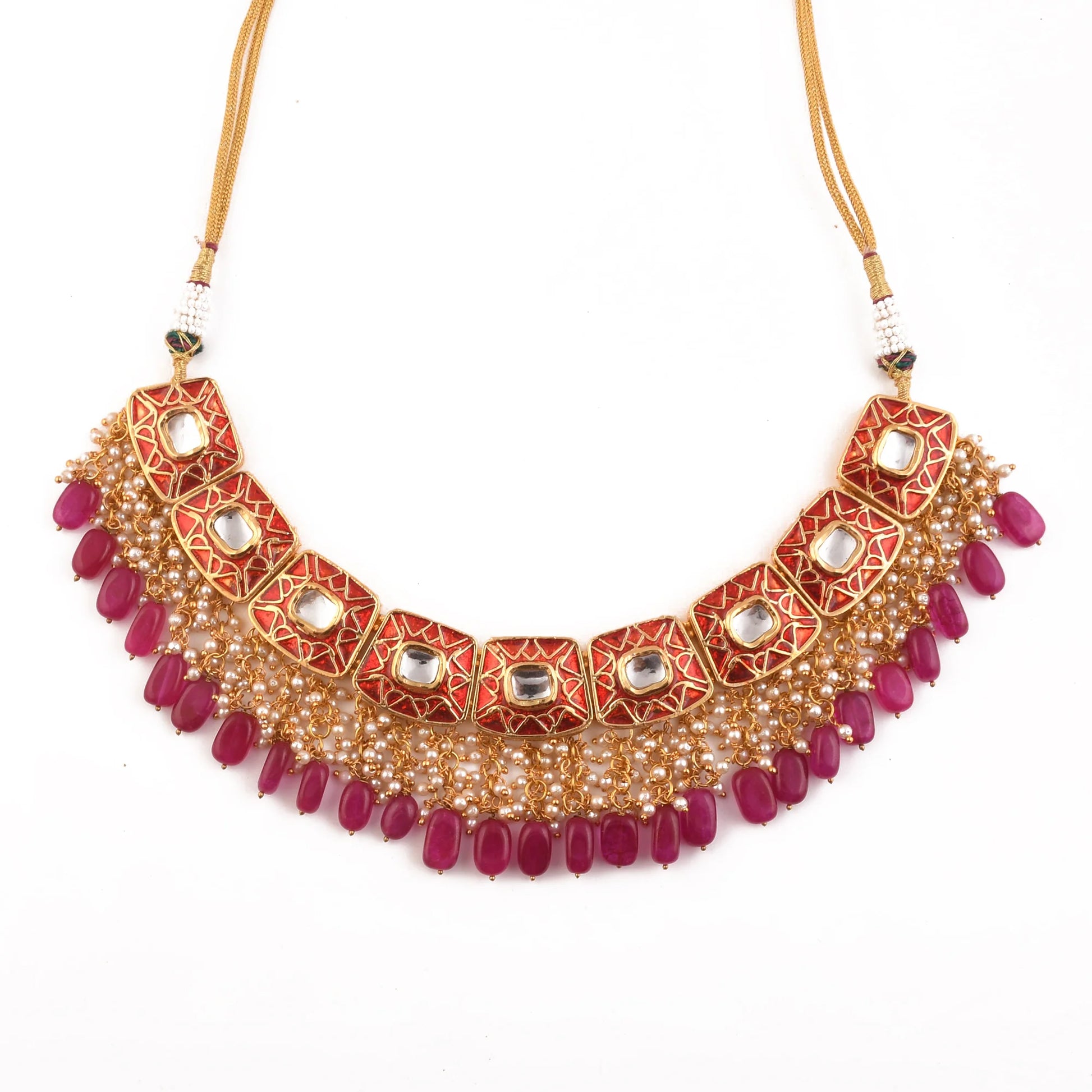 Kundan inspired mahroon enameled Necklace and earrings with Maang Tikka