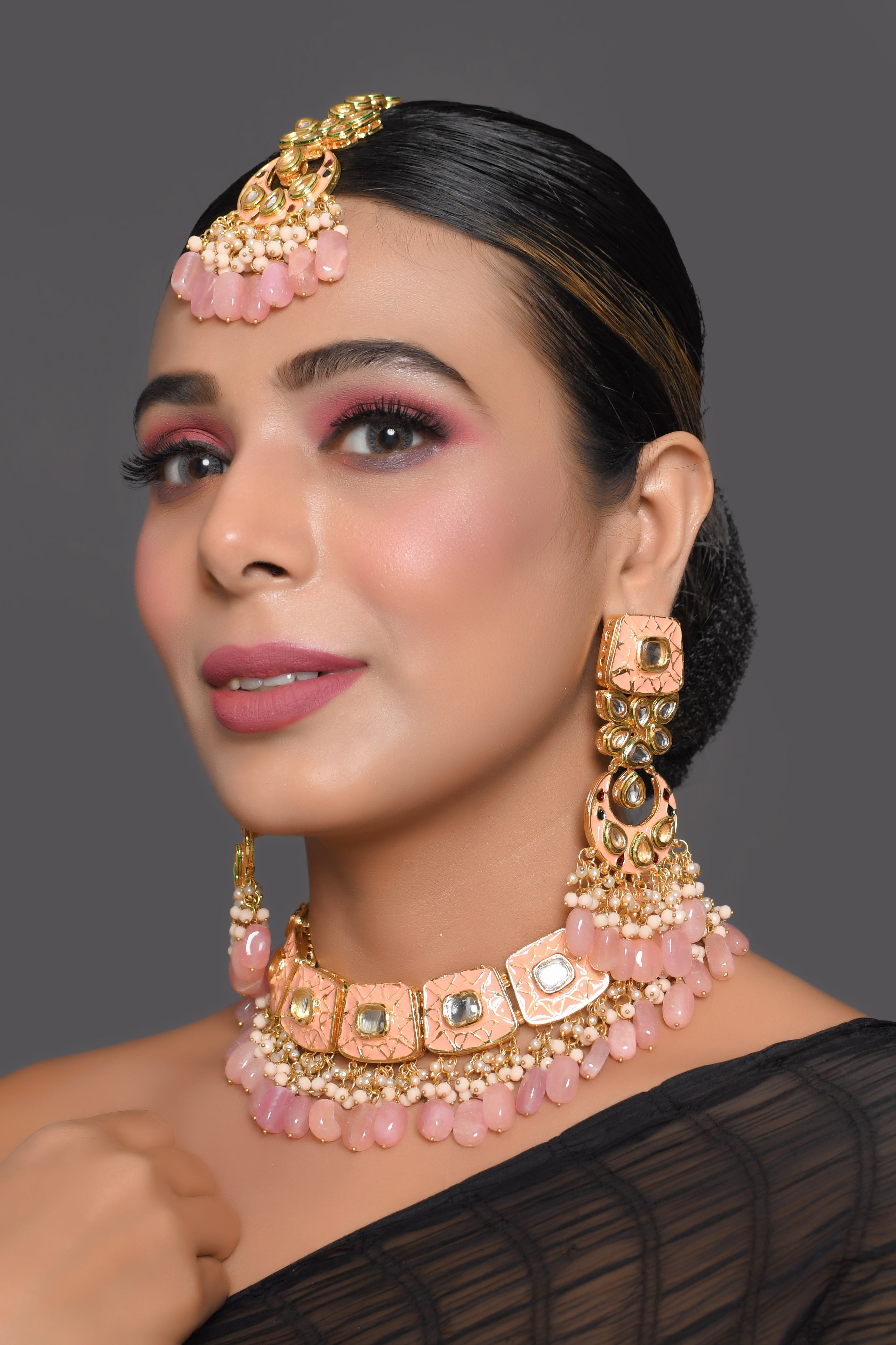 Handcrafted Kundan Peach enameled necklace with earrings & Maang Tikka