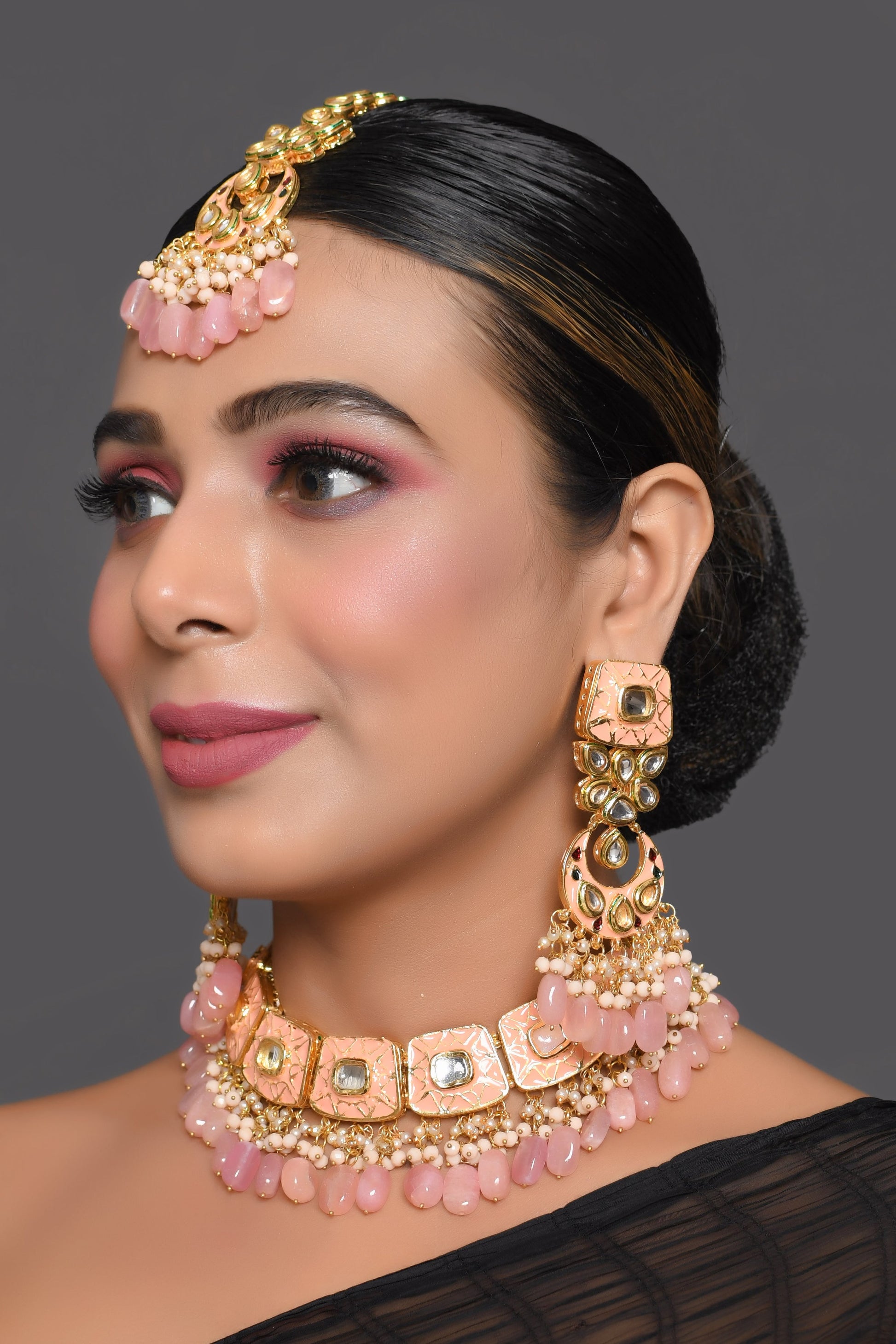 Handcrafted Kundan Peach enameled necklace with earrings & Maang Tikka