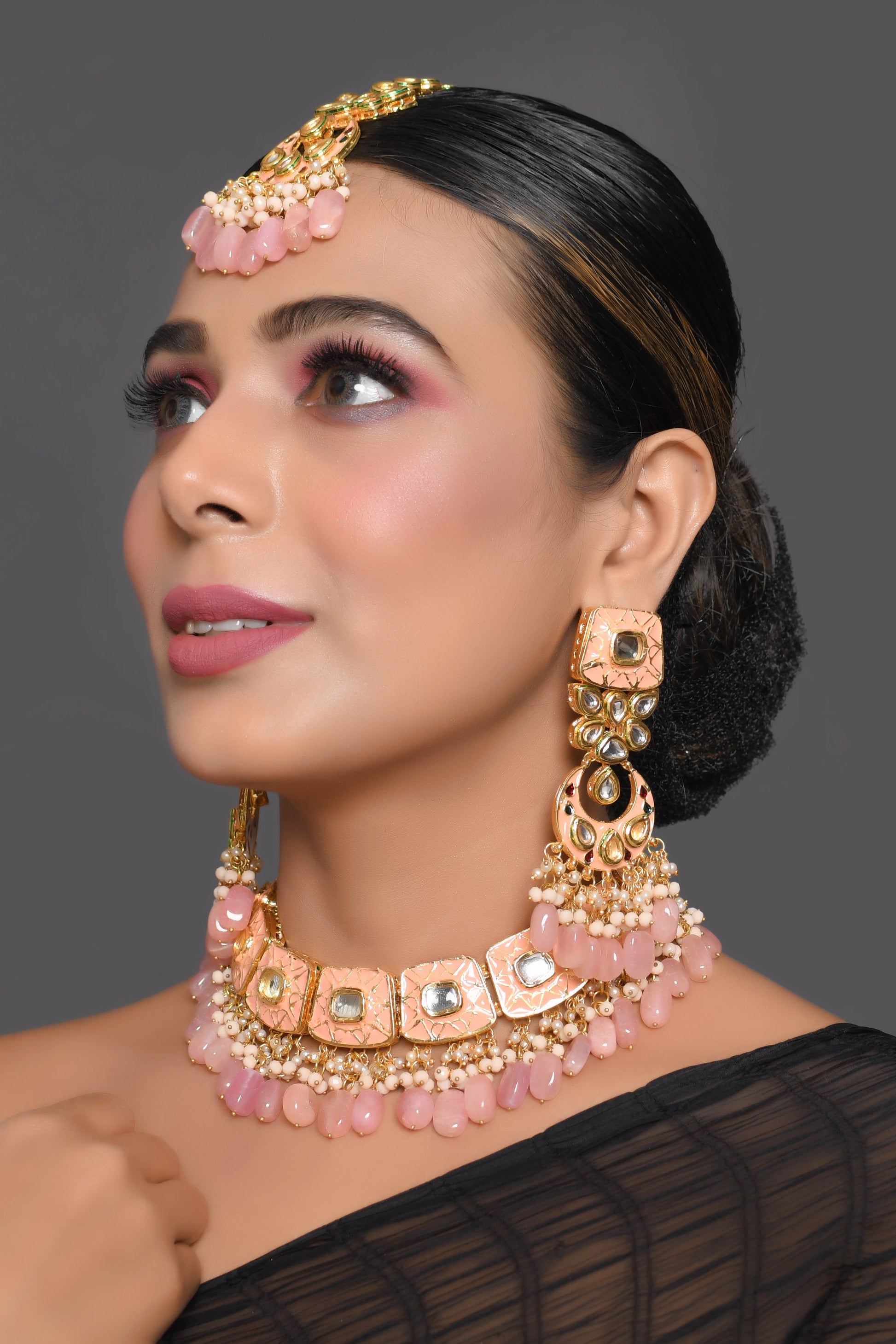 Handcrafted Kundan Peach enameled necklace with earrings & Maang Tikka